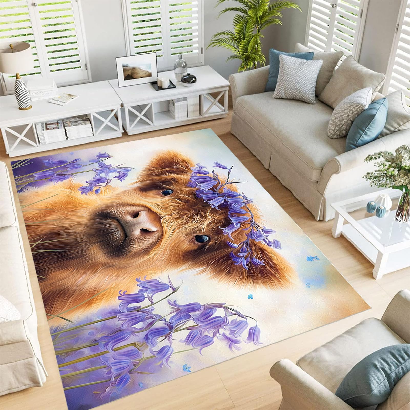 Tapis lavable antidérapant 150x210 cm motif vache des Highlands