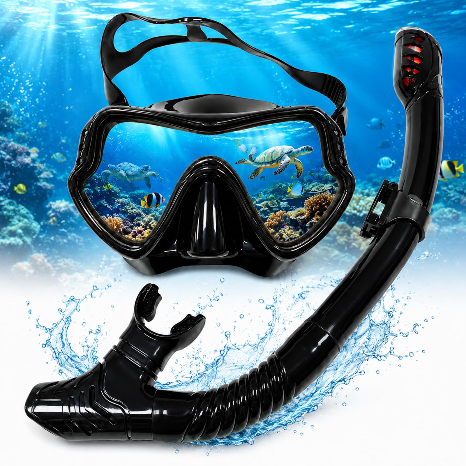 Snorkel Set Adults, Dry Top Snorkel Set, Anti-Fog 180° Panoramic View Snorkel Mask, Tempered Glass Leak Proof Diving Mask, Scuba Snorkelling Packages for Swimming Diving Snorkeling (Black)