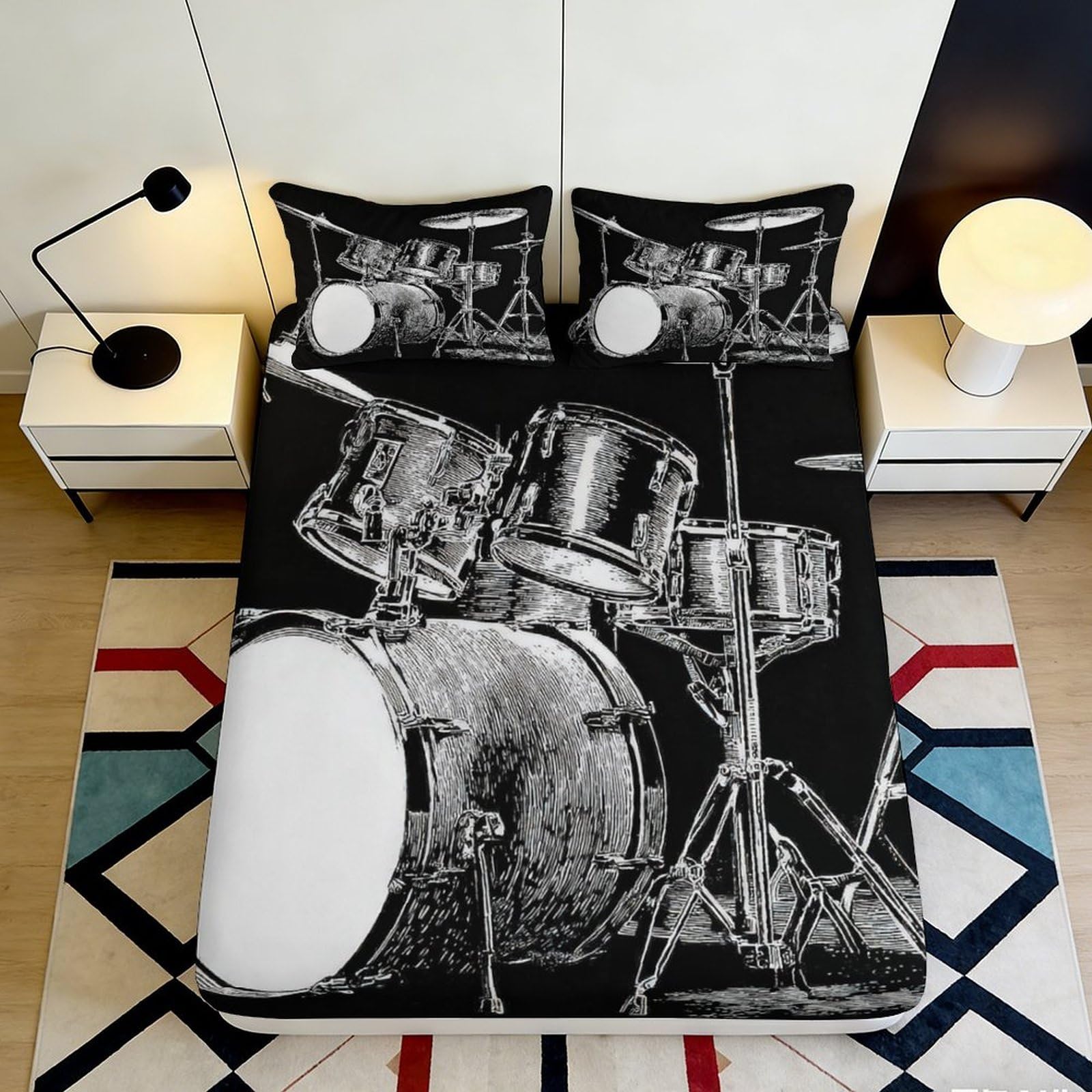 3D Printed Drum Set Fitted Sheet Microfiber Black White Music Mattress Cover for Bedroom Dorm Decor Easy Care 90x200x25cm