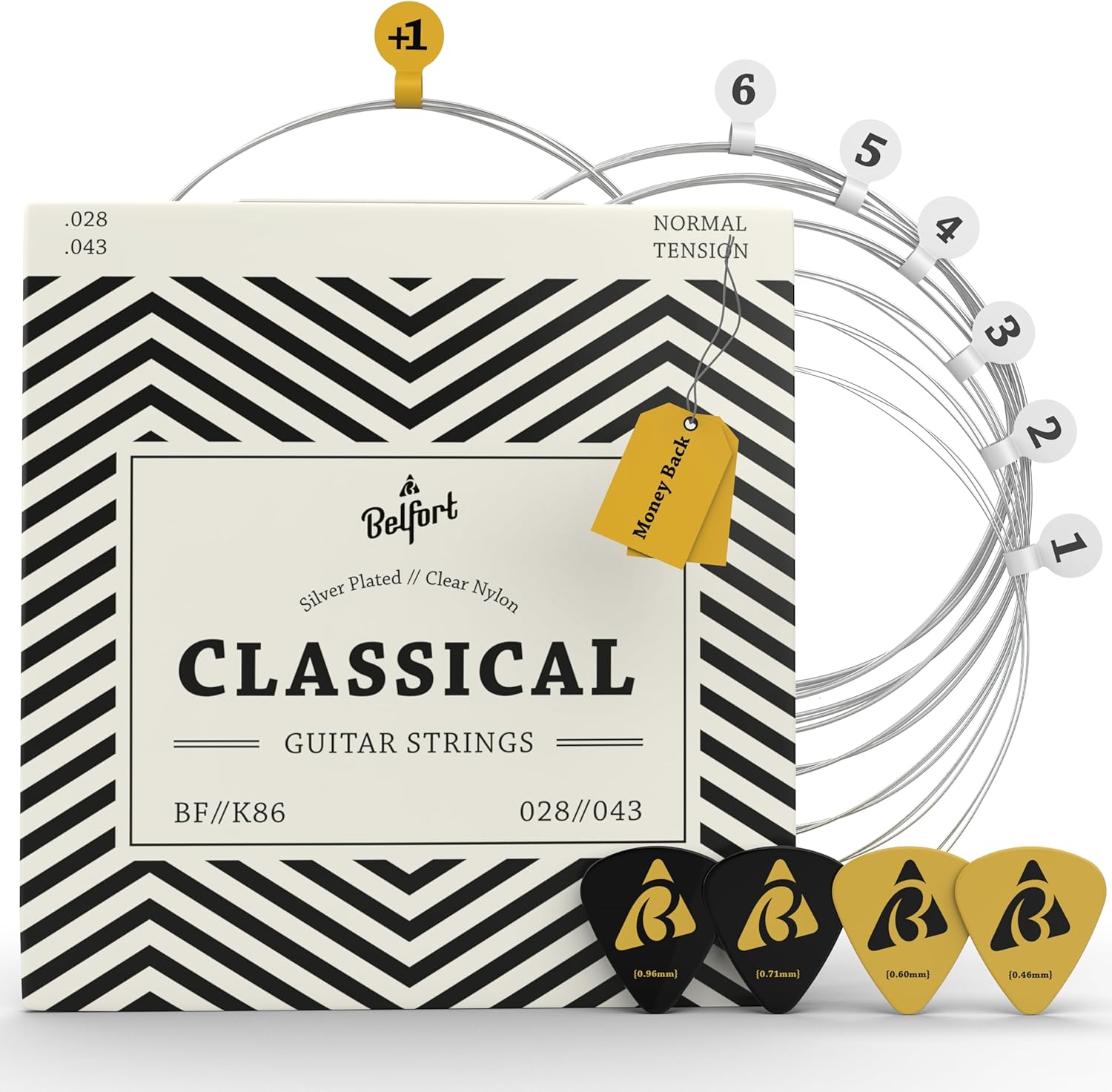 Belfort Classical Guitar Strings Nylon – Classical Nylon Strings Coated in Silver – 6 Guitar String Set + Extra 1E – Cuerdas para guitarra acustica – Cuerdas de guitarra acustica