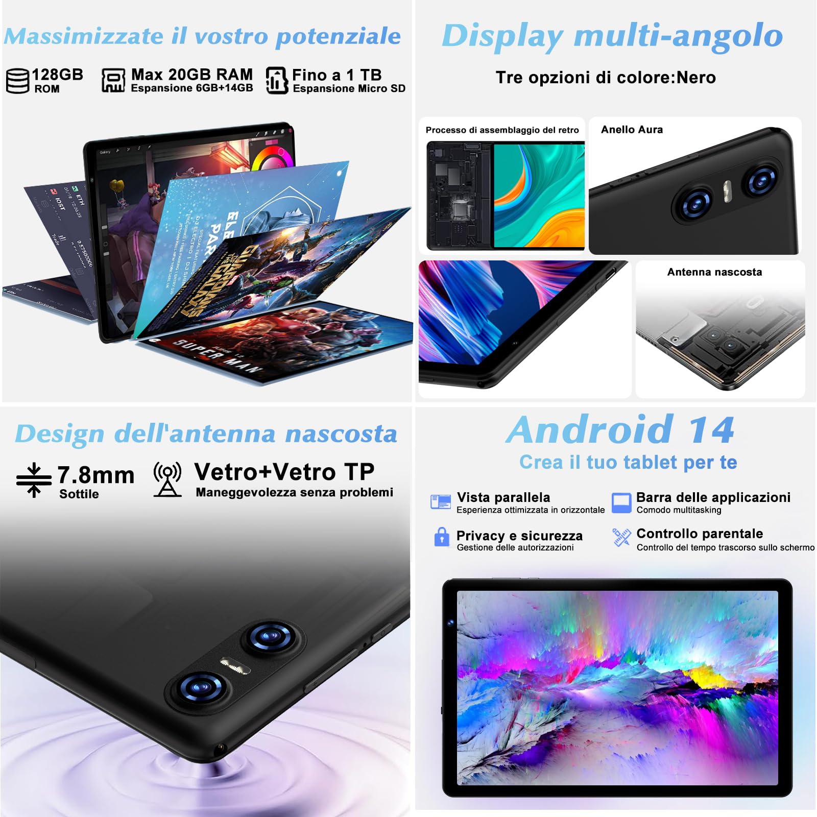 SKYEGG Tablet 10 Pollici Android 14, 20 GB RAM + 128 GB ROM(Espandibile Fino a 1 TB), Octa-Core, 5G Wi-Fi 6, 8MP + 5MP, 6000mAh, GPS, Widevine L1, USB-C Tablet con Tastiera + Mouse + Custodia, Nero
