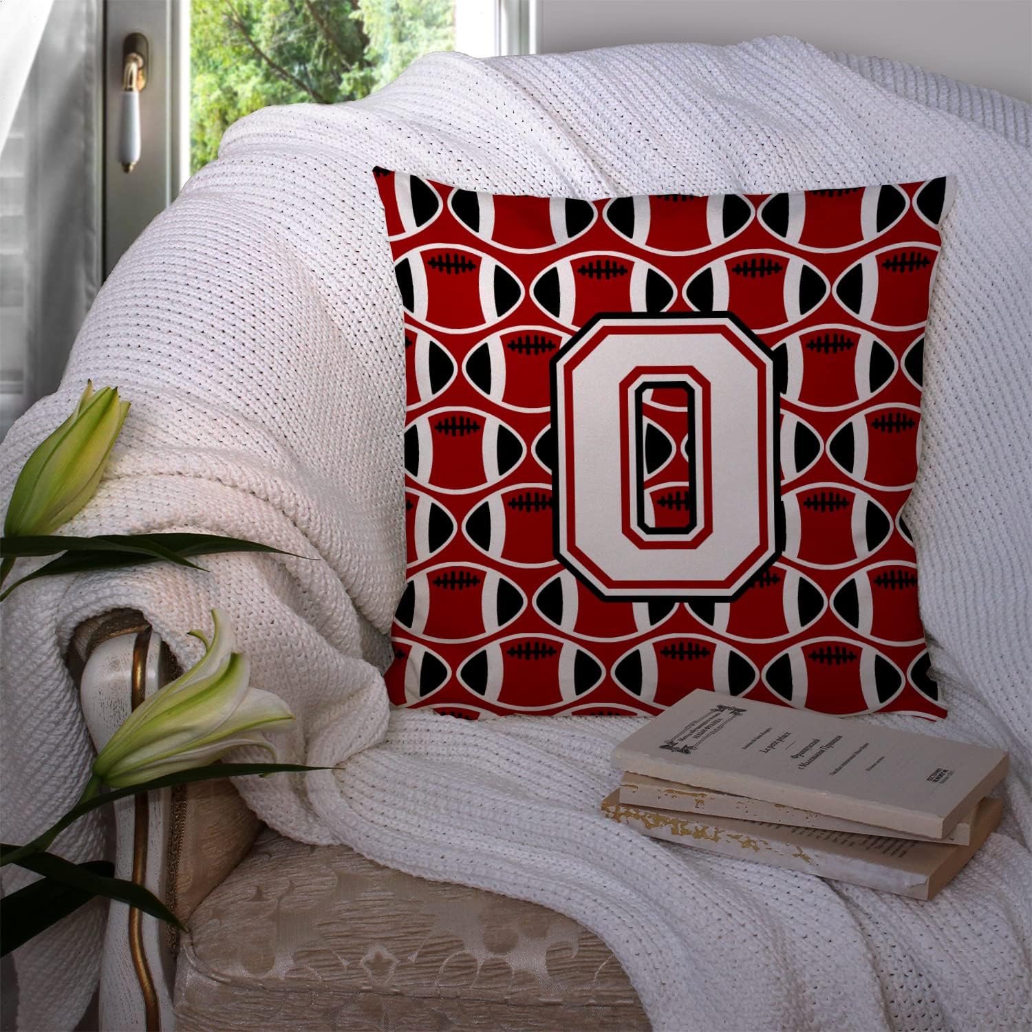 Caroline's Treasures CJ1082-OPW1414 Letter O Football Cardinal and White Fabric Decorative Pillow 100% Machine Washable Pillow, Indoor or Outdoor Decorative Throw Pillow for Couch, Bed or Patio