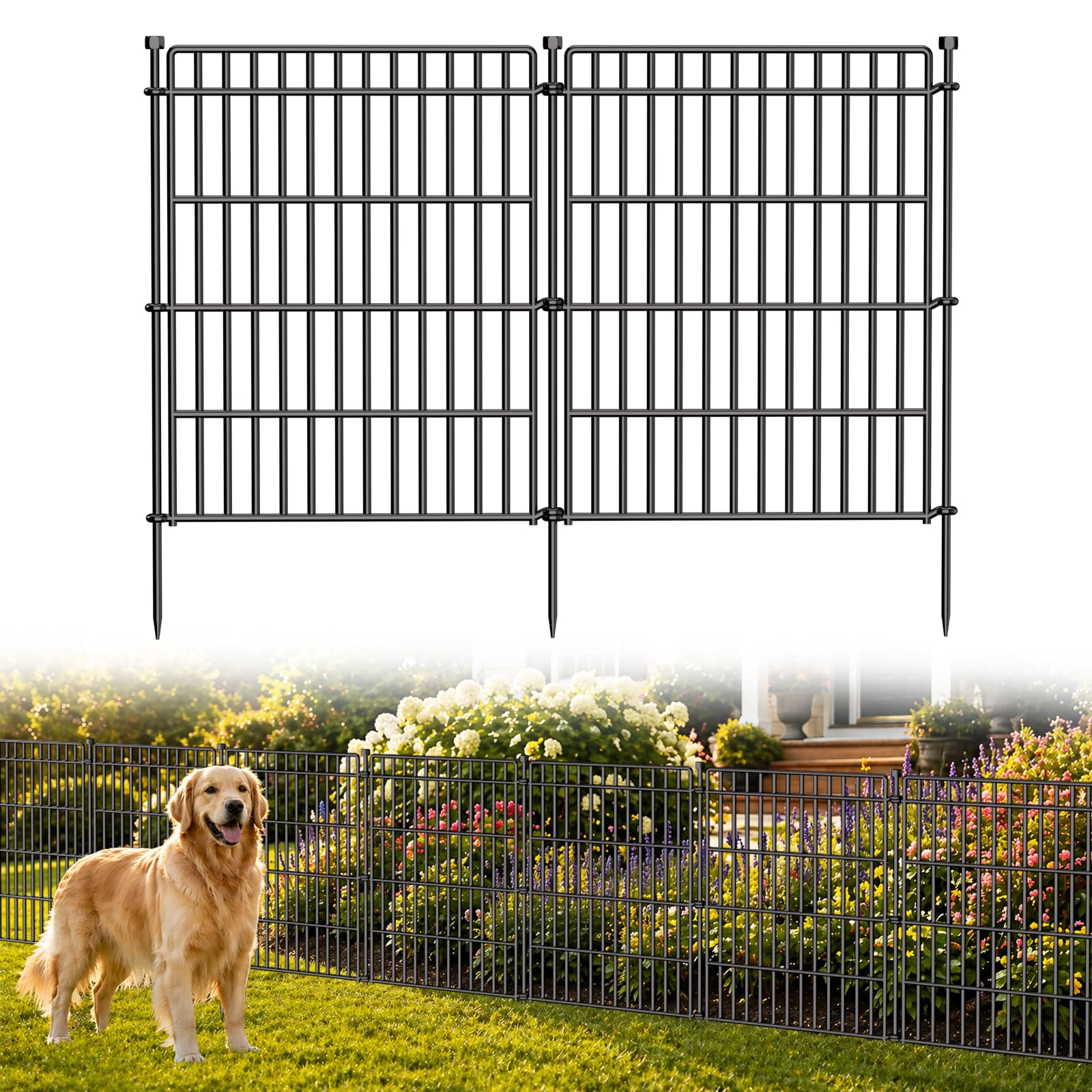 10 panels no dig garden fence animal barrier, 28in(h) × 19.6ft(l) decorative metal outdoor dog fence, rustproof pet fencing for yard, patio, flower bed -temporary fencing| easy to install