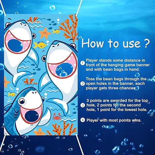 Miniatura 2 de Blulu Juego de lanzamiento de bolsas de puf de tiburón para niños con 3 bolsas de frijoles de tiburón, decoraciones de fiesta de cumpleaños de