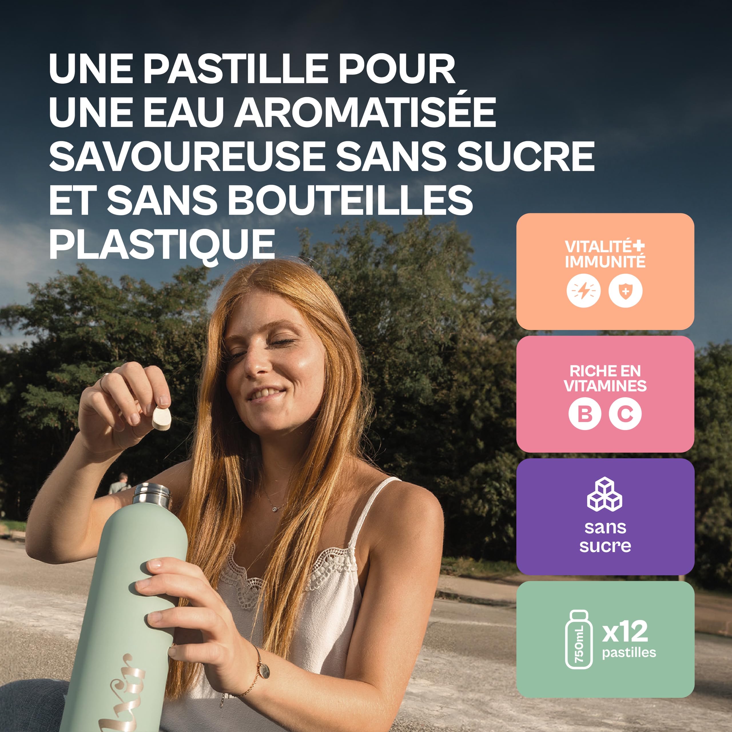 LXIR DRINK - Eau aromatisée en pastille sans sucre - Boisson multivitamines - Vitamines C et B - Hydratation quotidienne - Beauté de la peau - Vitalité - 48 pastilles - Citron/Pêche/Menthe/Fraise