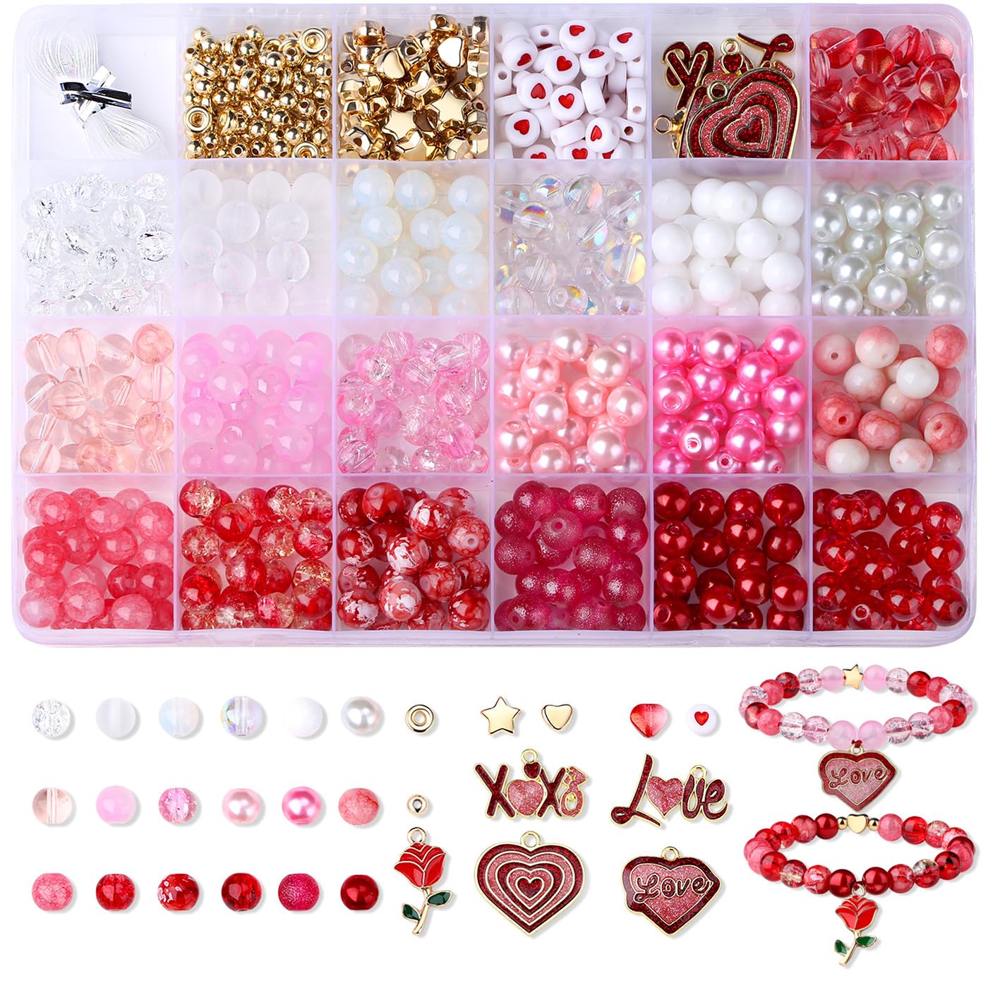 Kit Saint-Valentin de perles en verre de 8 mm pour création de colliers et cadeaux adultes