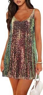 PUNGDRA Women's Sparkly Sequin V-Neck Shift Mini Dress - Glitter Cocktail Party Club Night Out Disco Outfit