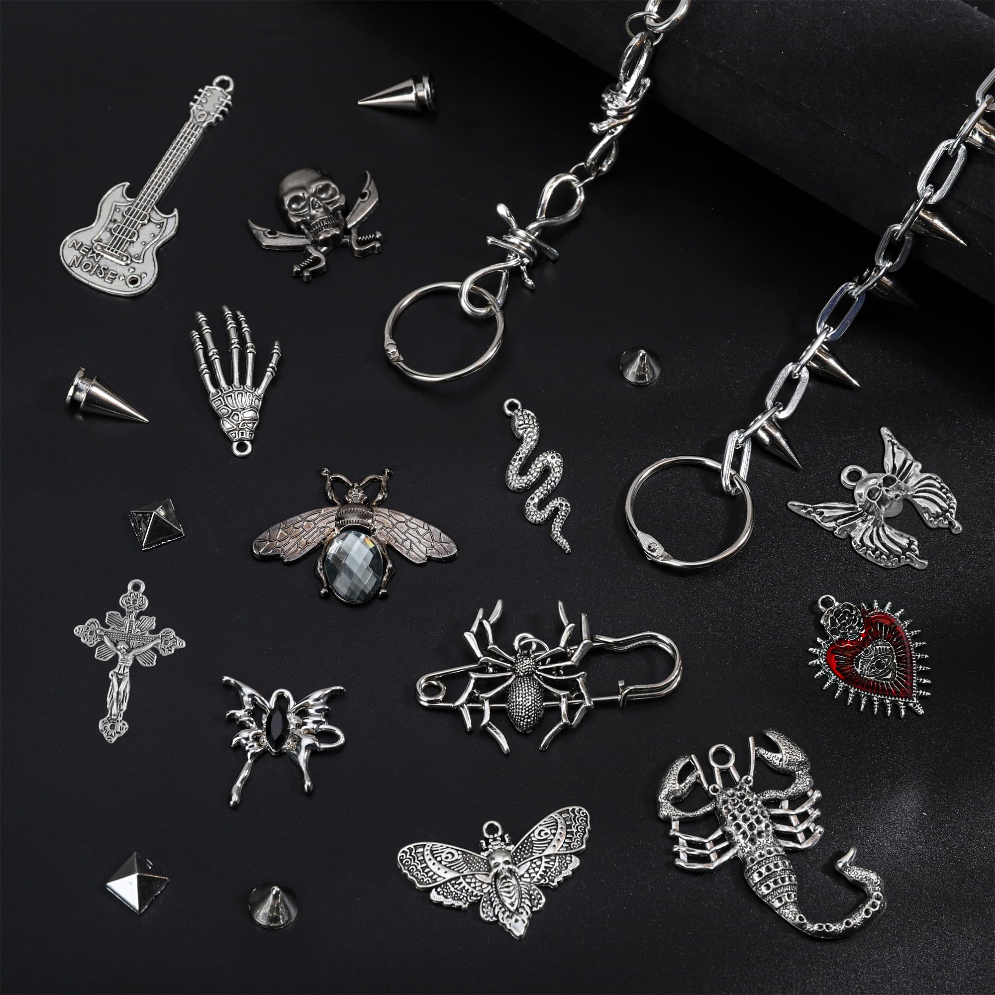 Neng-Q Bling Shoes Charms 30pcs Gothic Y2k Diamond Shoe Decoration with Chains,Spikes Accessories for Men Women Biker