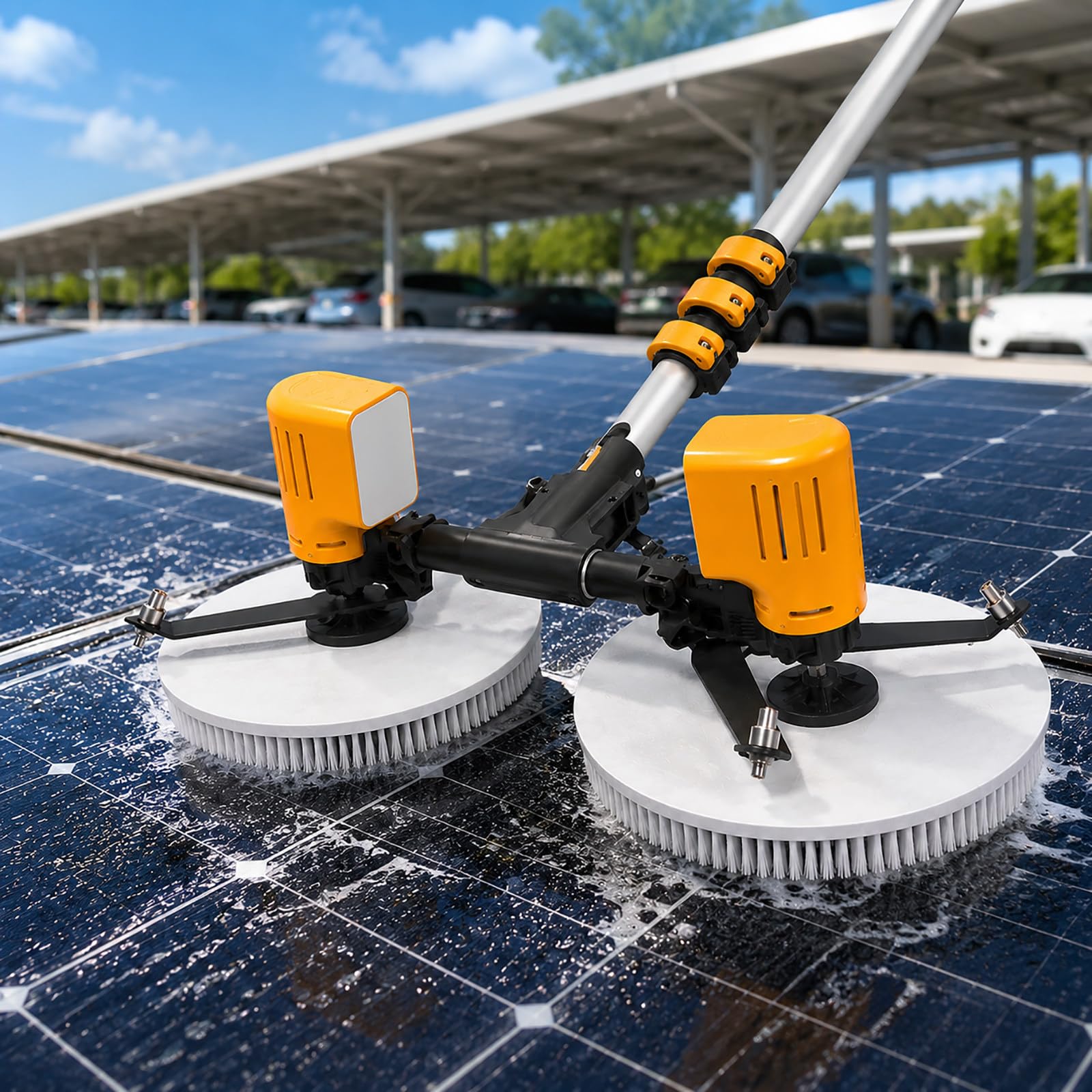 vnmudzeo Dual Rotating Solar Panel Cleaning Brush – 65cm Wide Electric PV Cleaner with Brushless Motor and Nylon Bristle Brush Heads 3.5m(11.5ft)