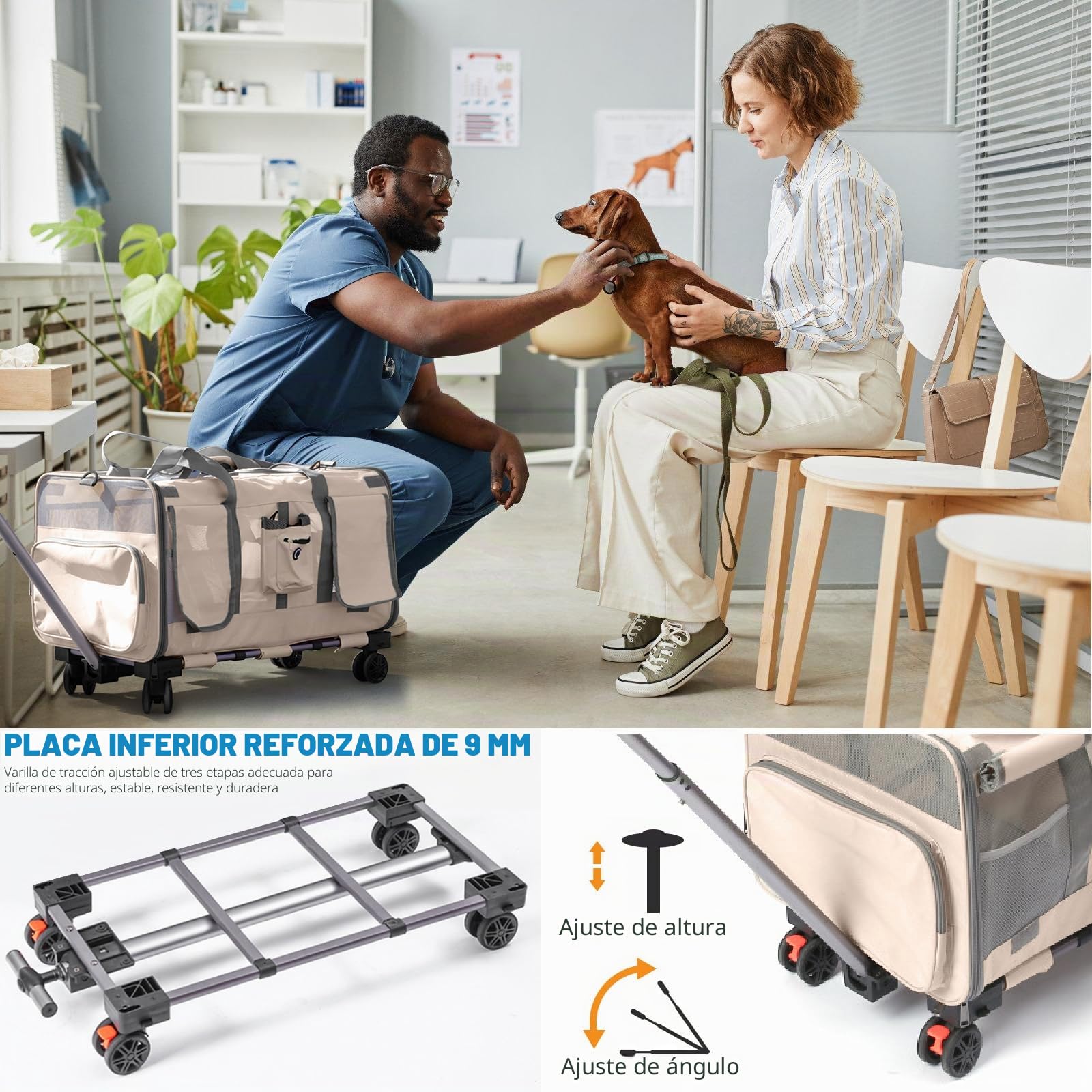 Transportín grande para gatos para 2 animales, transportador plegable con ruedas, compartimentos desmontables 2 en 1, con varita para gato y correa de almacenamiento