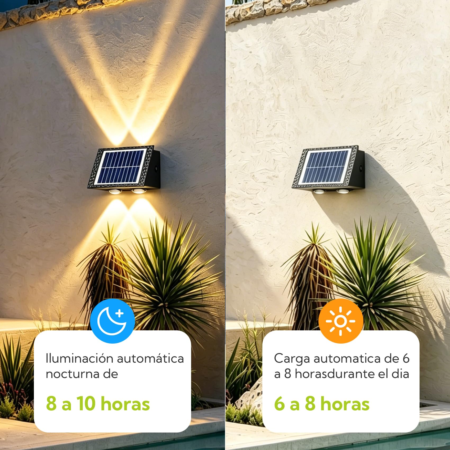 Aplique Solar Exterior 8 LEDs 3000K Blanco Cálido, Lámpara Solar de Pared Impermeable IP65 Iluminación Arriba y Abajo, Luces Solares para Jardín, Valla, Terraza, Muros y Escaleras, Pack de 4