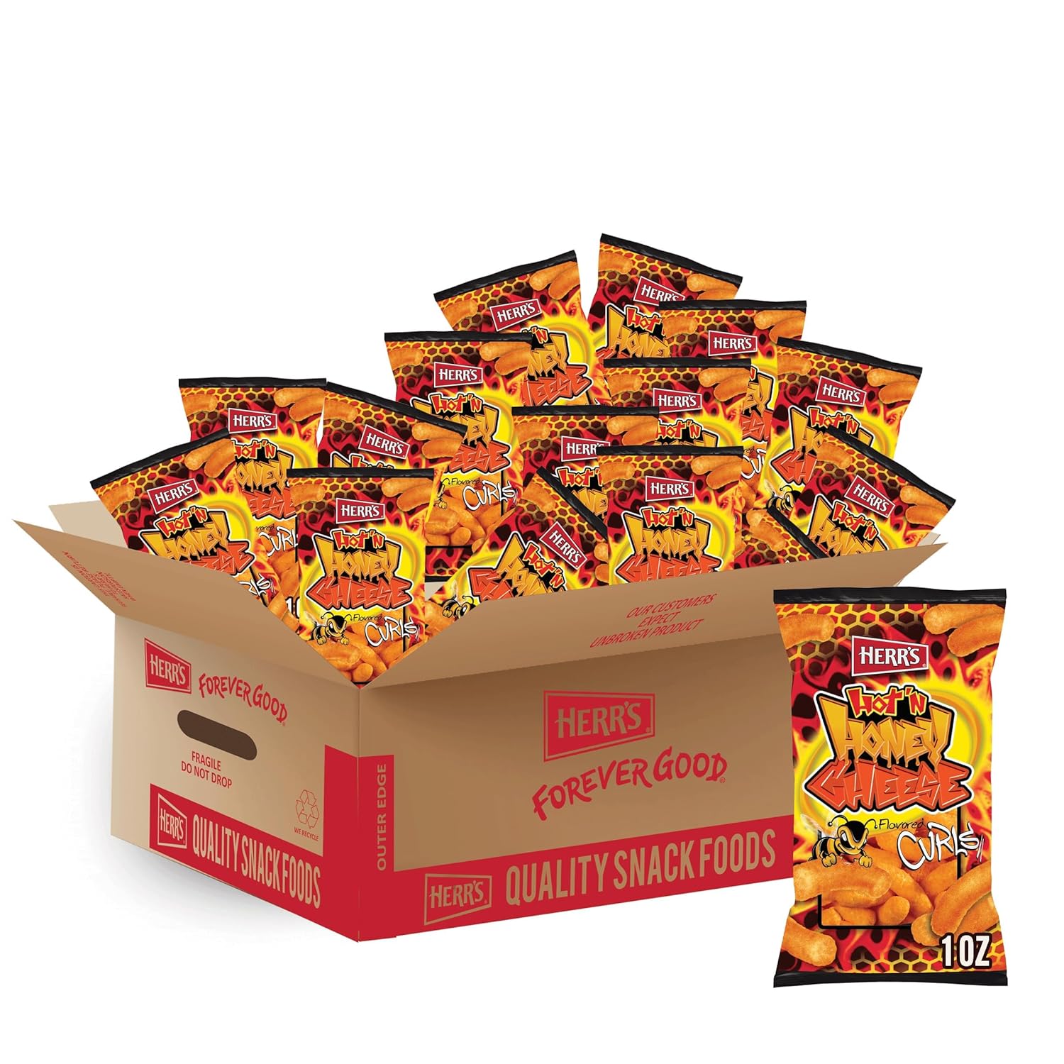 Herr's Hot & Honey Cheese Curls, 1 Ounce (Pack of 42 Bags)  Spicy and Sweet Cheese Curls  A Snack with the Perfect Flavor Balance
