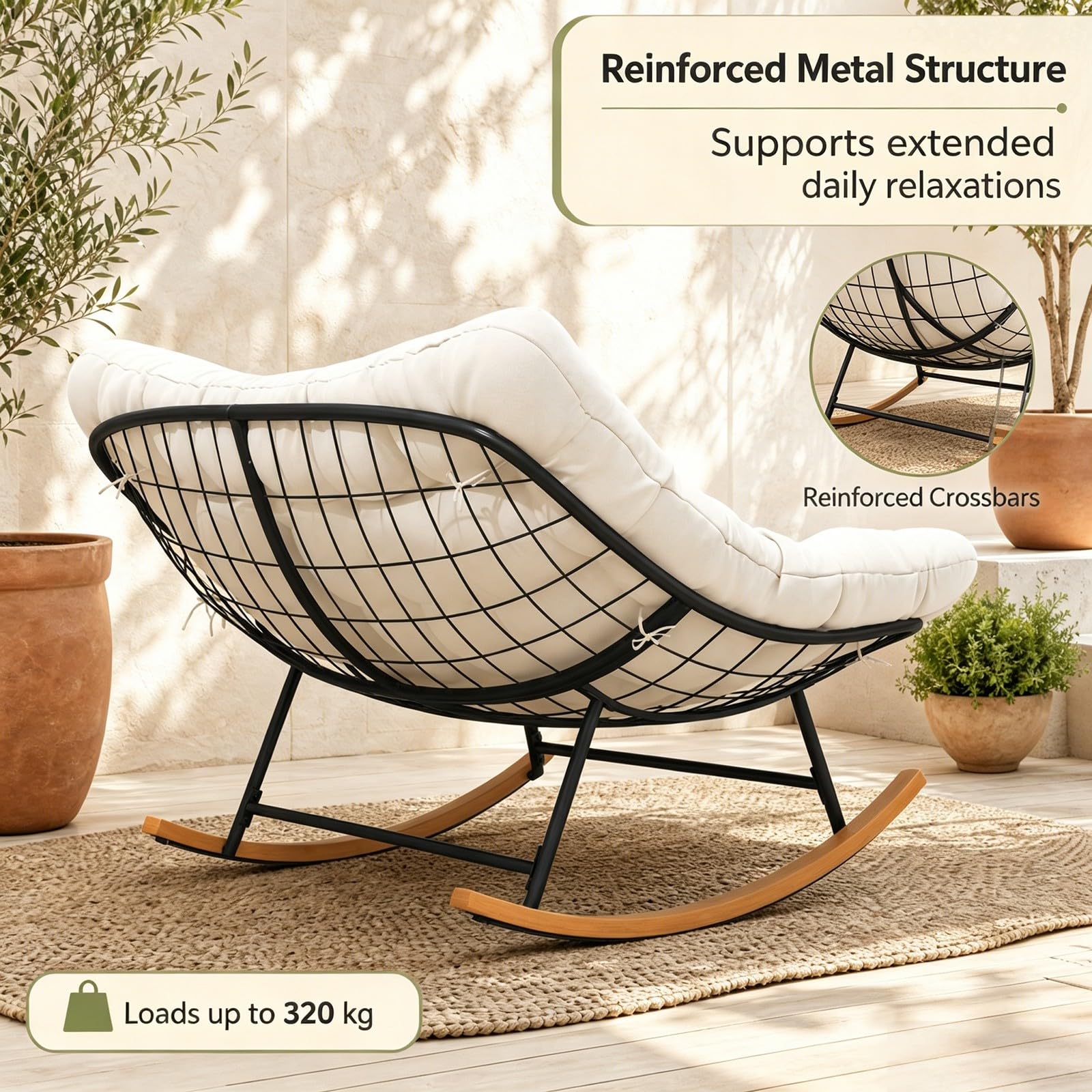GIANTEX Schaukelstuhl für 2 Personen, XXL Schwingsessel (Beige) | mit dickem Kissen & ergonomischer Rückenlehne, Ei-förmiger Stillstuhl, für Wohnzimmer, Balkon & Garten, Tragfähigkeit 320 kg