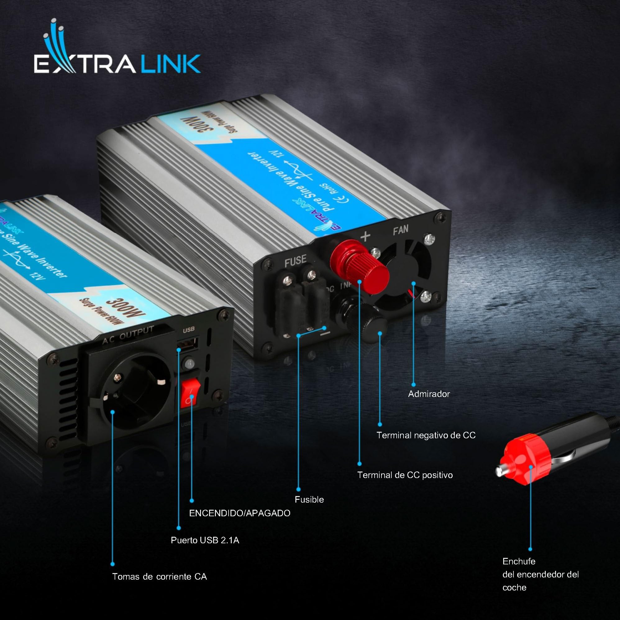 EXTRALINK Inversor 12V 220V Onda Pura 300W 600W Pico – Convertidor 12V 200V con USB, Enchufe de mechero, Ventilador y Protección Cuádruple – para Coche, Barco, Camping, Equipos Sensibles, Solar