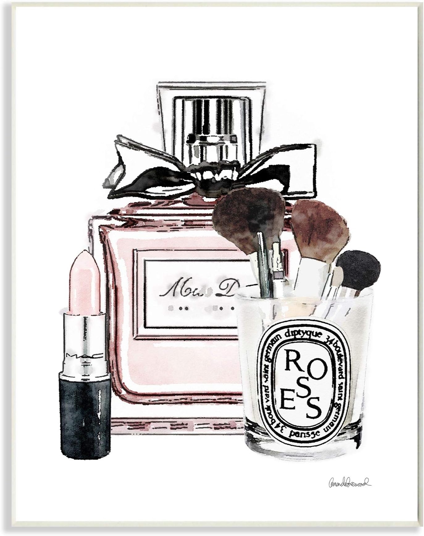 Stupell Industries Fashioner Makeup Perfume Lipstick Pink Watercolor, Design by Artist Amanda Greenwood Wall Art, 10 x 15, Wood Plaque