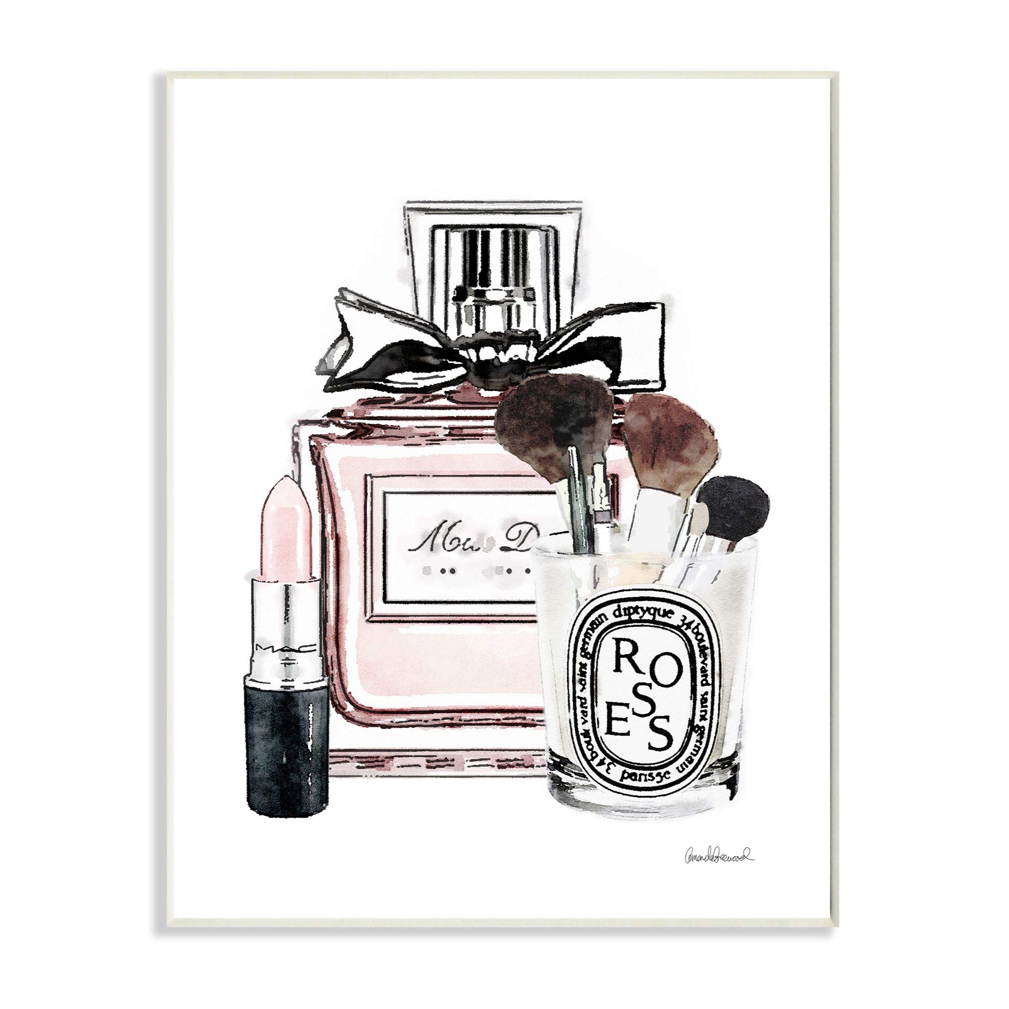 Stupell Industries Fashioner Makeup Perfume Lipstick Pink Watercolor, Design by Artist Amanda Greenwood Wall Art, 10 x 15, Wood Plaque