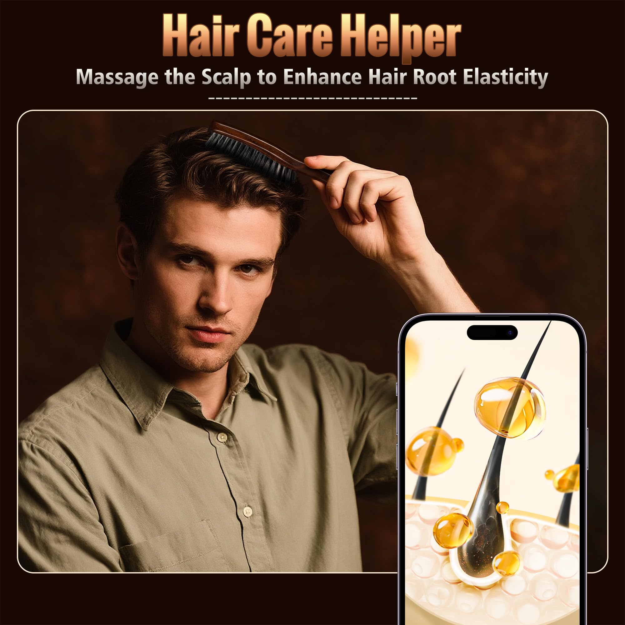 STYLEMATE Spazzola per capelli da uomo, con setole rigide in nylon, per capelli spessi, con manico in legno di noce nero naturale per lisciare, districare, acconciare