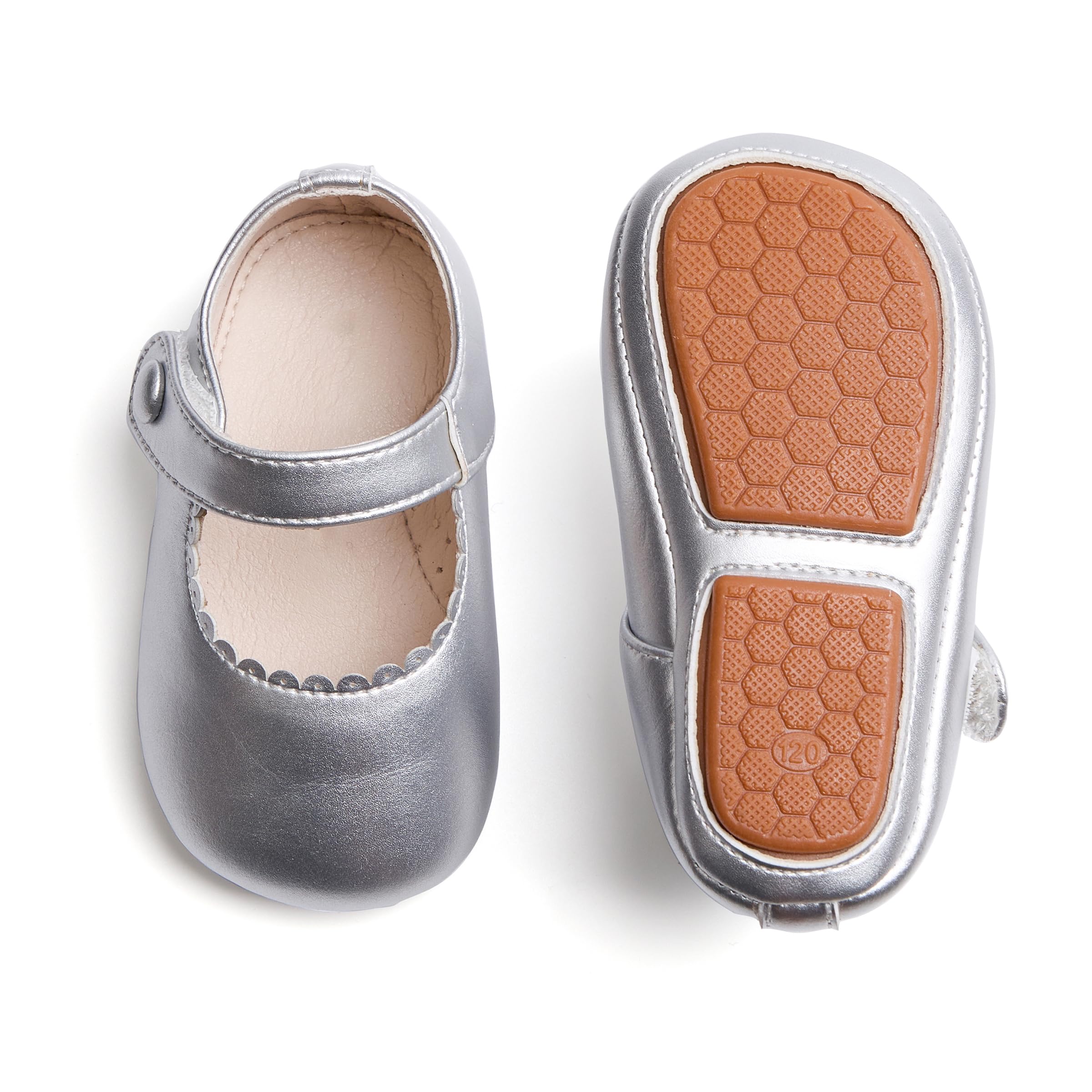 PHIRAMIN Baby Girls Mary Jane Flats - Infant Newborn Walking Shoes Soft Rubber Sole Princess Wedding