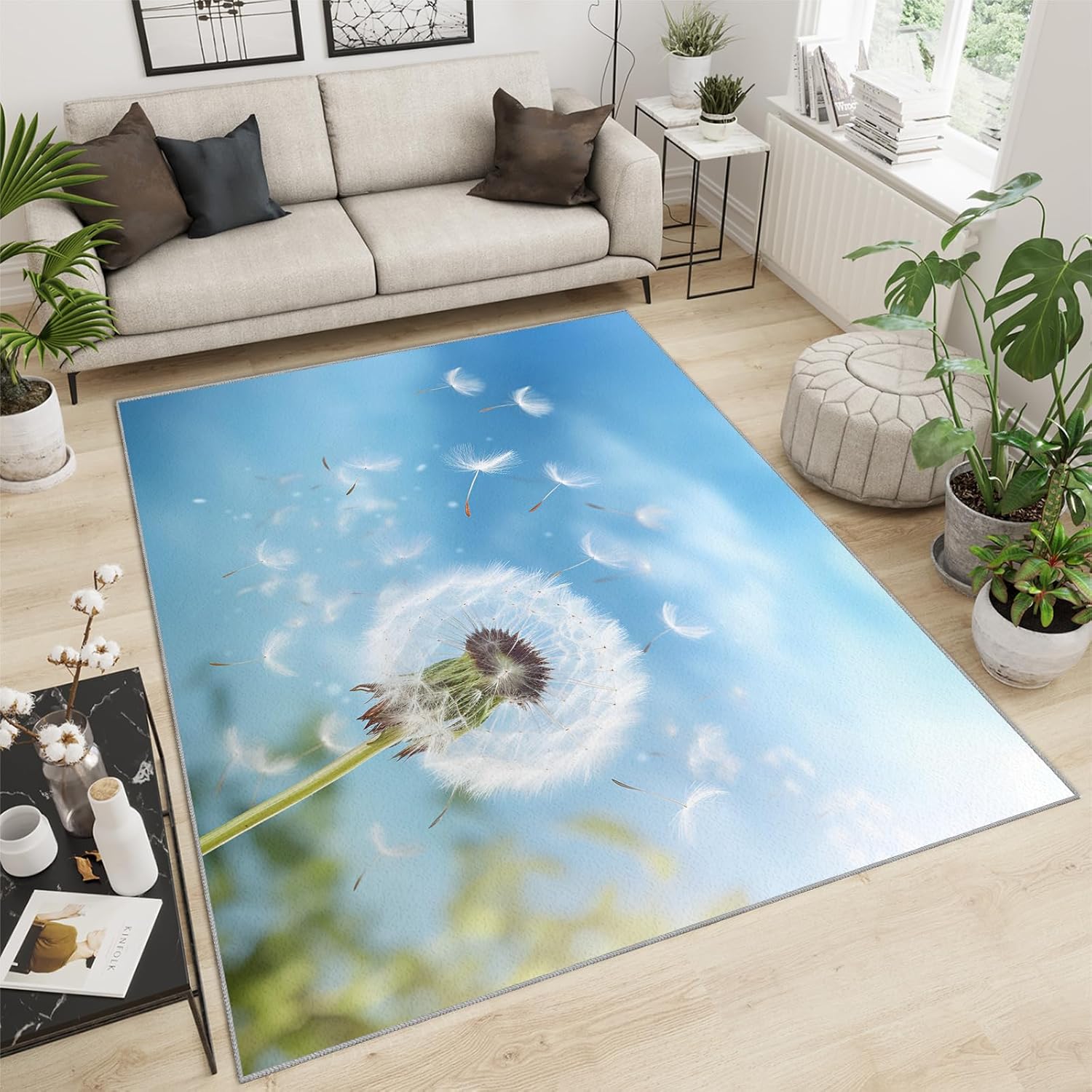 2x3 Rug - Dandelion Seeds Doormat Outdoor Entrance, Breezy Nature Motif Laundry Room Carpet Non Slip Accent Throw Rugs for Bathroom Kitchen Sink Front Door