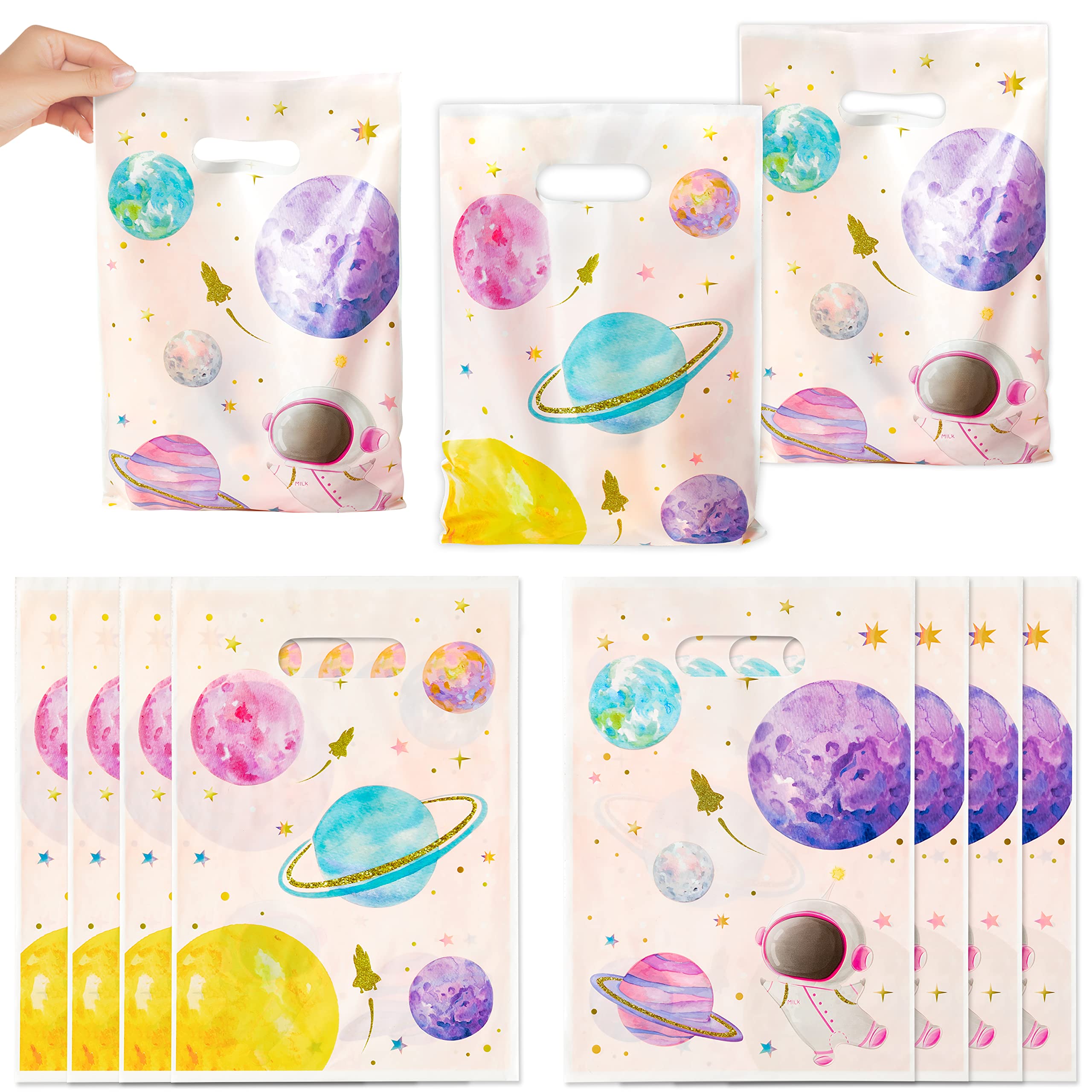 ANGOLIO Pink Outer Space Party Bags - 50Pcs Spring Candy Treat Bags Outer Space Planets Solar System Theme Party Favors Decor Snack Bags Summer Party Supplies for Kids Birthday Party Baby Shower
