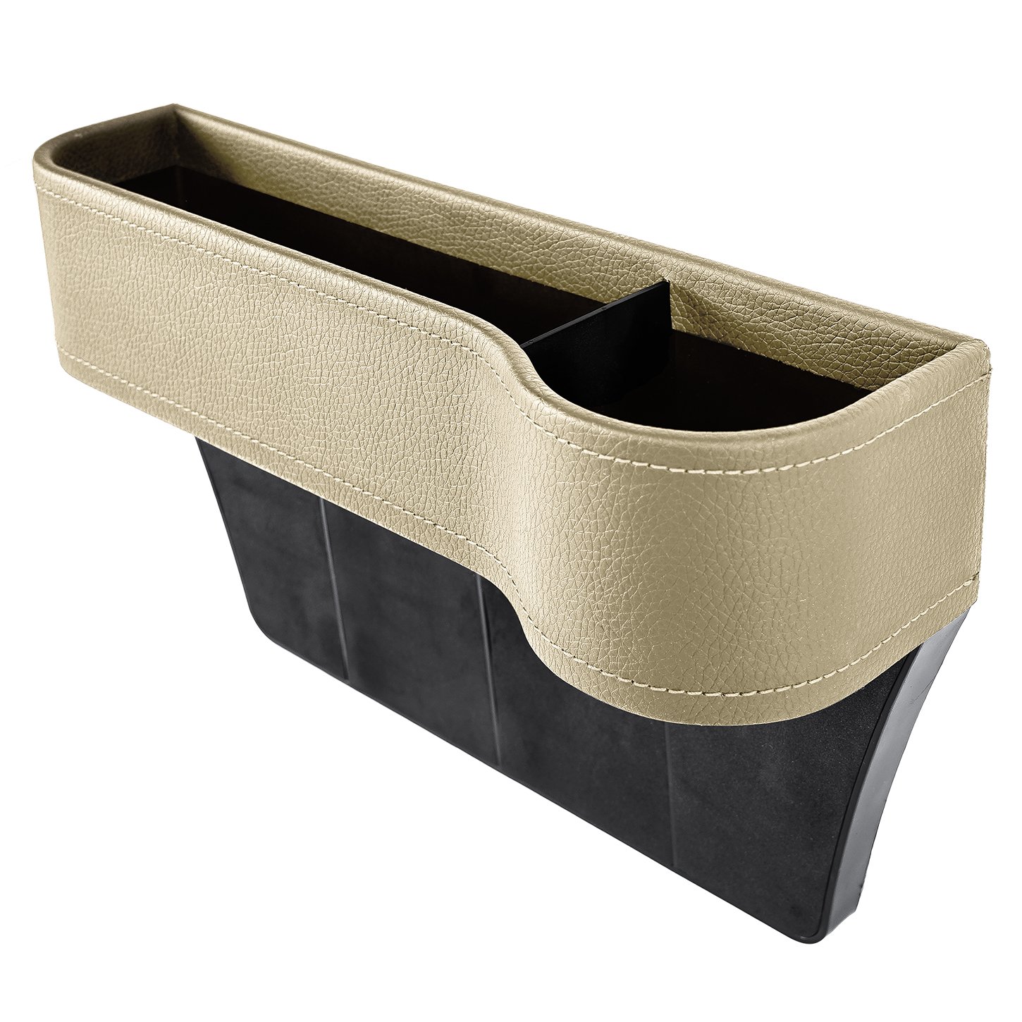CLASSIC VERSION Car Seat Organizer w/ Cup Holder For Drinks Key Wallet Phone Sunglasses, PU Leather, Beige