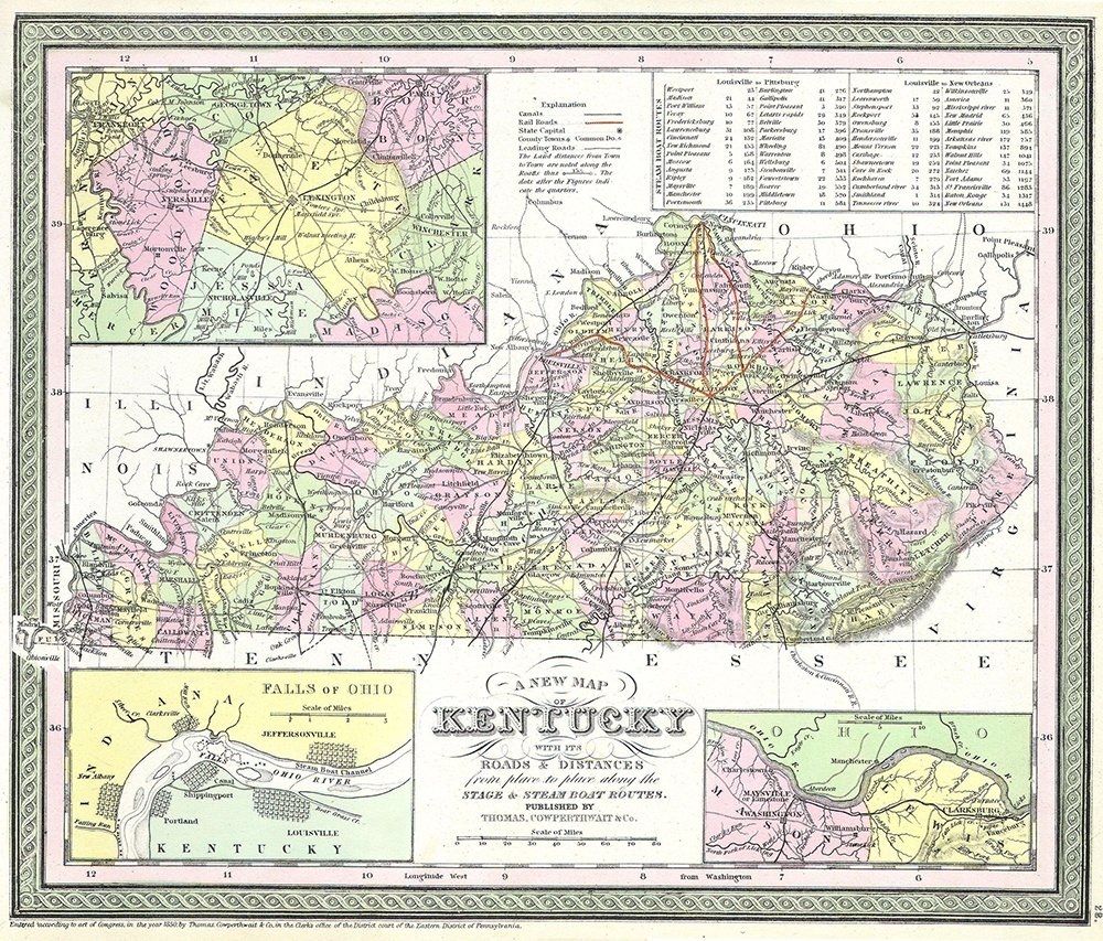 Mapa de Kentucky de Thomas Eakins enmarcado, lámina pequeña para paredes vacías