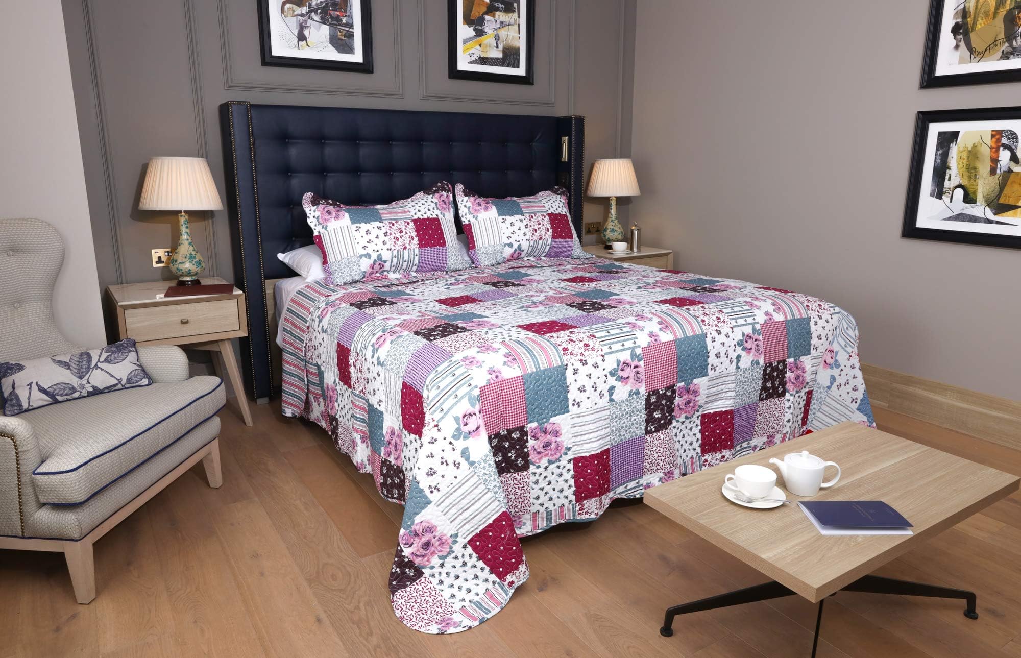 Restmor Quilted Reversible Patchwork Design Bedspread in 3 sizes with pillow shams - Freya (Single includes 1 Sham)