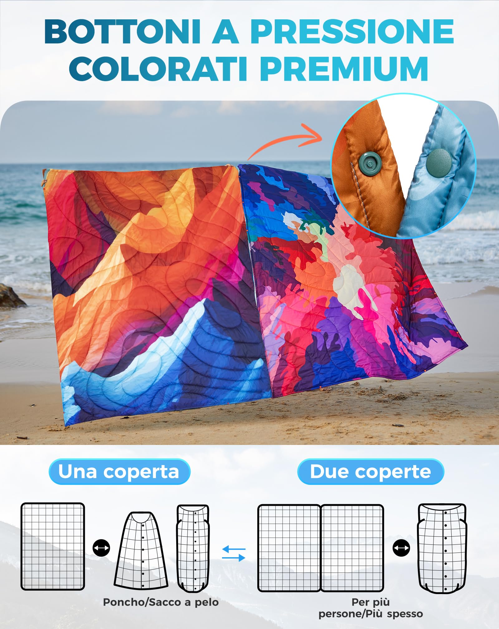 KingCamp Coperta da Campeggio Ultraleggera e Impermeabile,200 x 145 cm,Indossabili,Coperta Termica da Viaggio Ripiegabile per Picnic all'aperto,Spiaggia,Escursionismo,Auto,Interni,Colori Dipinti