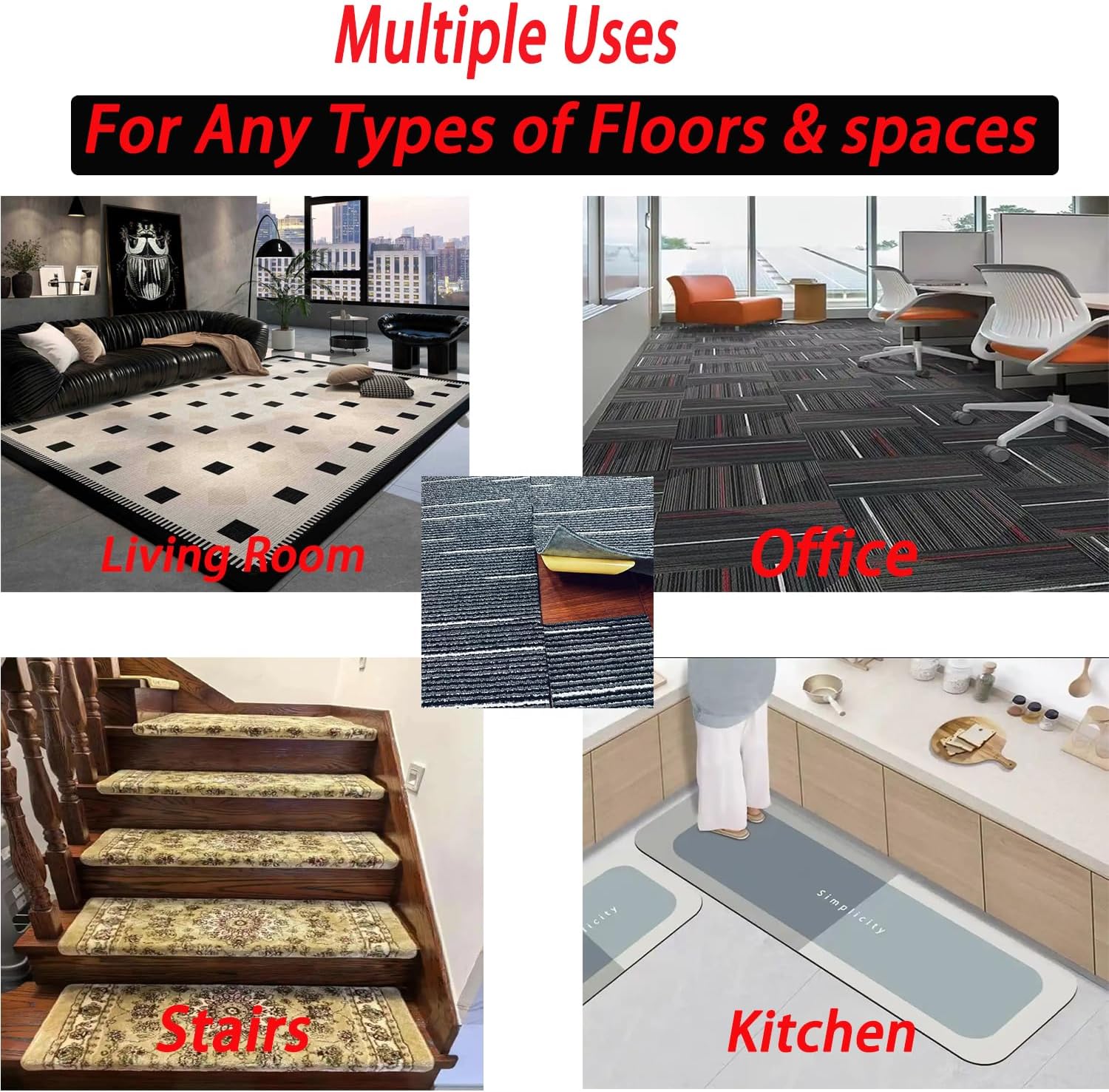 Carpet Tile Tape Double Sided，Adhesive Connectors for Hardwood Floors, Stair Treads, Tile Floors，Keep Your Rug in Place & Make Corner Flat 4in X 4in, 130 Pieces