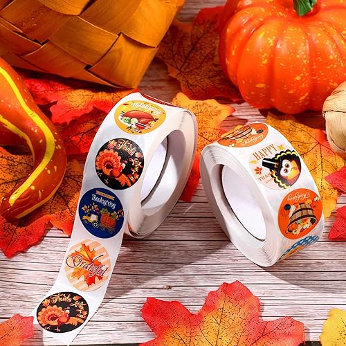 Miniatura 4 de Zonon 1000 calcomanías para fiesta de Acción de Gracias, calcomanías redondas divertidas de pavo y calabaza de hoja de arce para decoraciones de