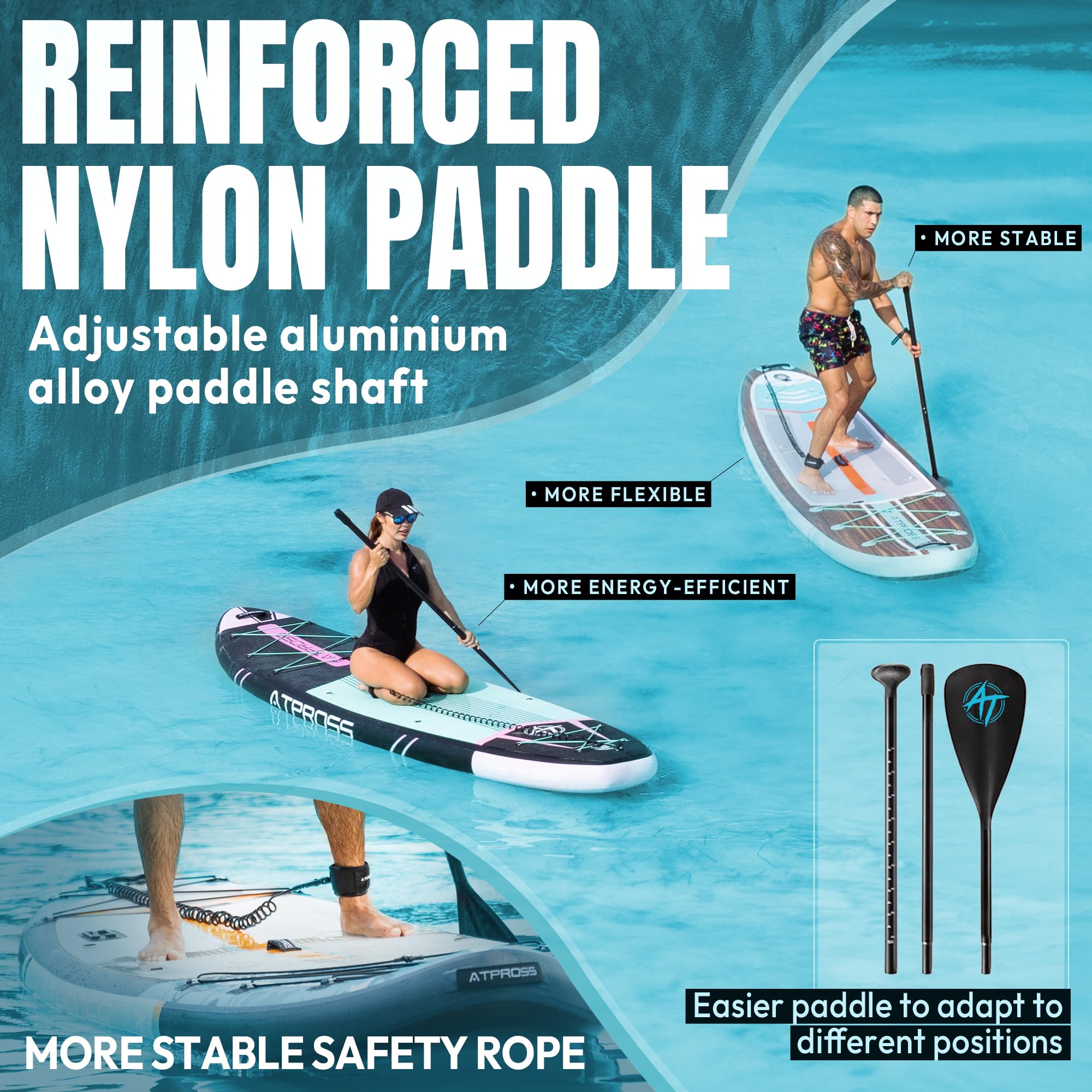 Aufblasbares SUP Board 350 x 89 x 15 cm, bis 240 kg Tragfähigkeit, extra breit für Erwachsene, rutschfeste Standfläche, inkl. Premium SUP Zubehörset & Rucksack,ideal für Yoga