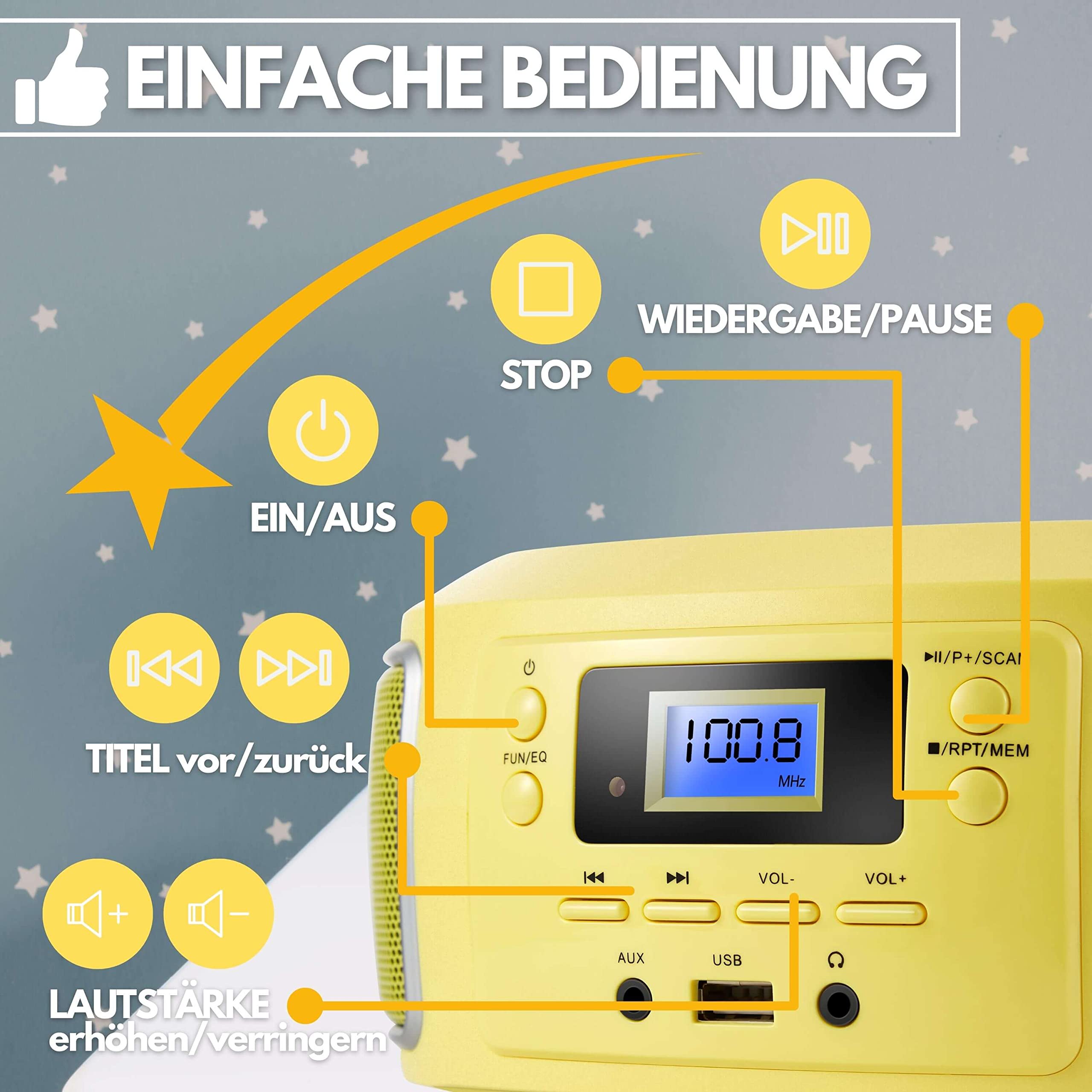 Tragbare Boombox | FM Radio | AUX-In | CD/CD-R | USB | Kopfhöreranschluss | Kompaktanlage | CD-Player | CD-Radio | Stereoanlage | Kinder Radio | Boombox (Glamour Gelb)