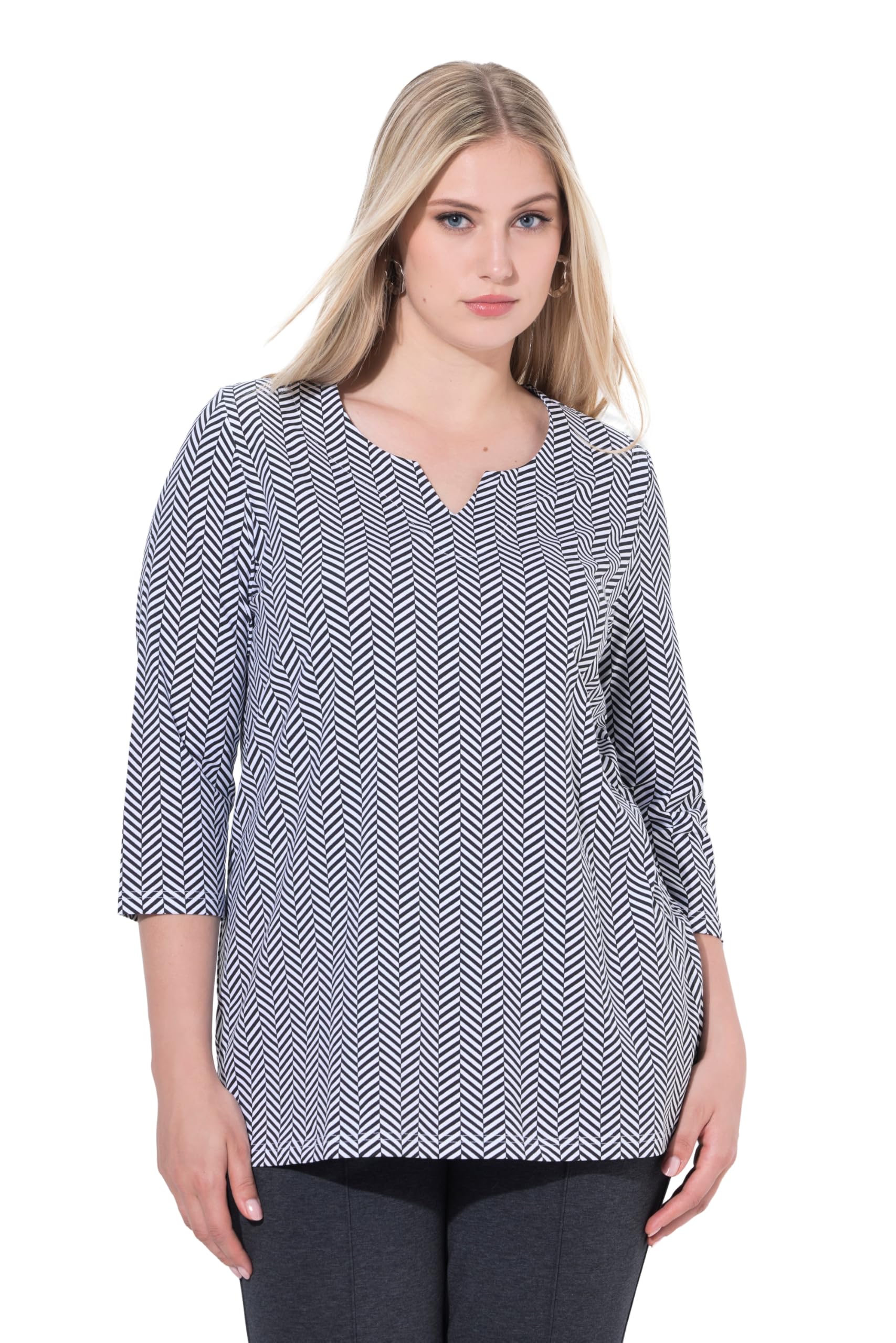 Ulla Popken Damen große Größen Übergrößen Plus Size Shirt, Fischgrat, A-Linie, Tunika-Ausschnitt, 3/4-Arm 812380