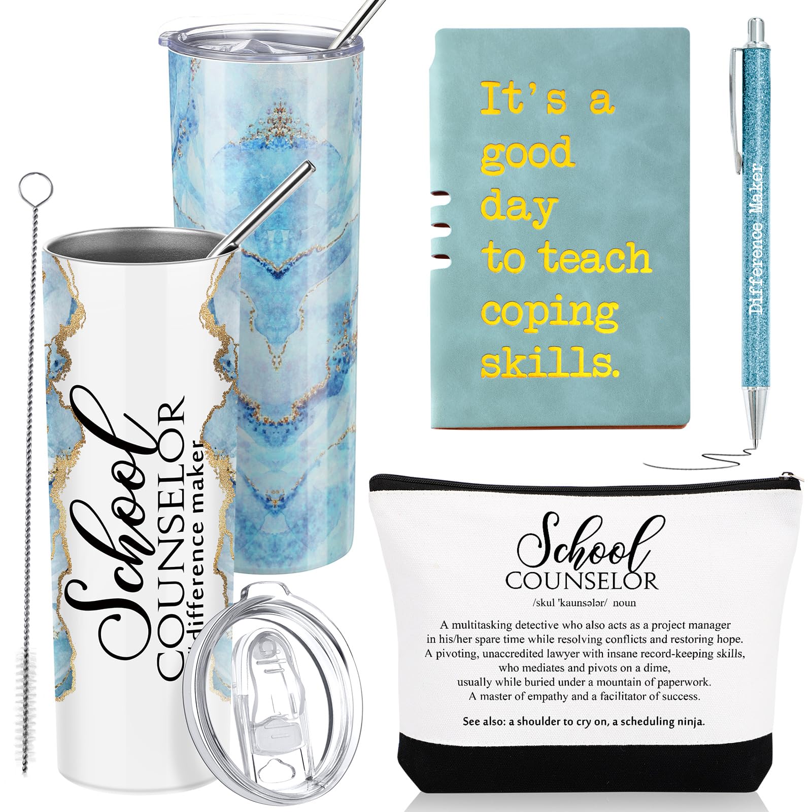 Cadeaux de conseiller scolaire pour s'organiser : gobelet isotherme et trousse de maquillage