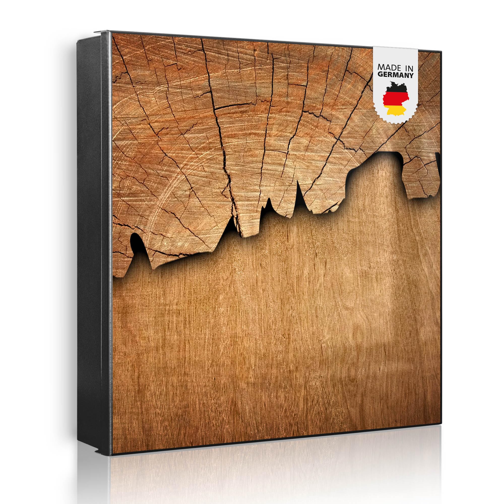 banjado Großer Schlüsselkasten Metall - Schlüsselbox 30x30cm beschreibbarer mit 32 Haken - Schlüsselkasten modern für Schlüsselaufbewahrung - Korpus Schwarz Scharnier Rechts - Motiv Holz