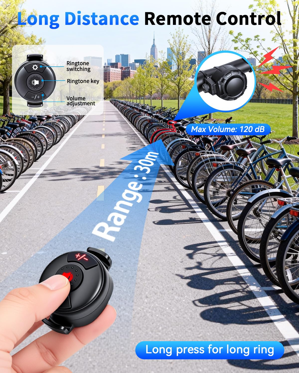 Klaxon de vélo – Télécommande sans fil, klaxon de vélo électrique puissant de 120 dB, sonnette de vélo pour 6 modes sonores, étanchéité IPX5, chargement de type C, klaxons de vélo pour adultes