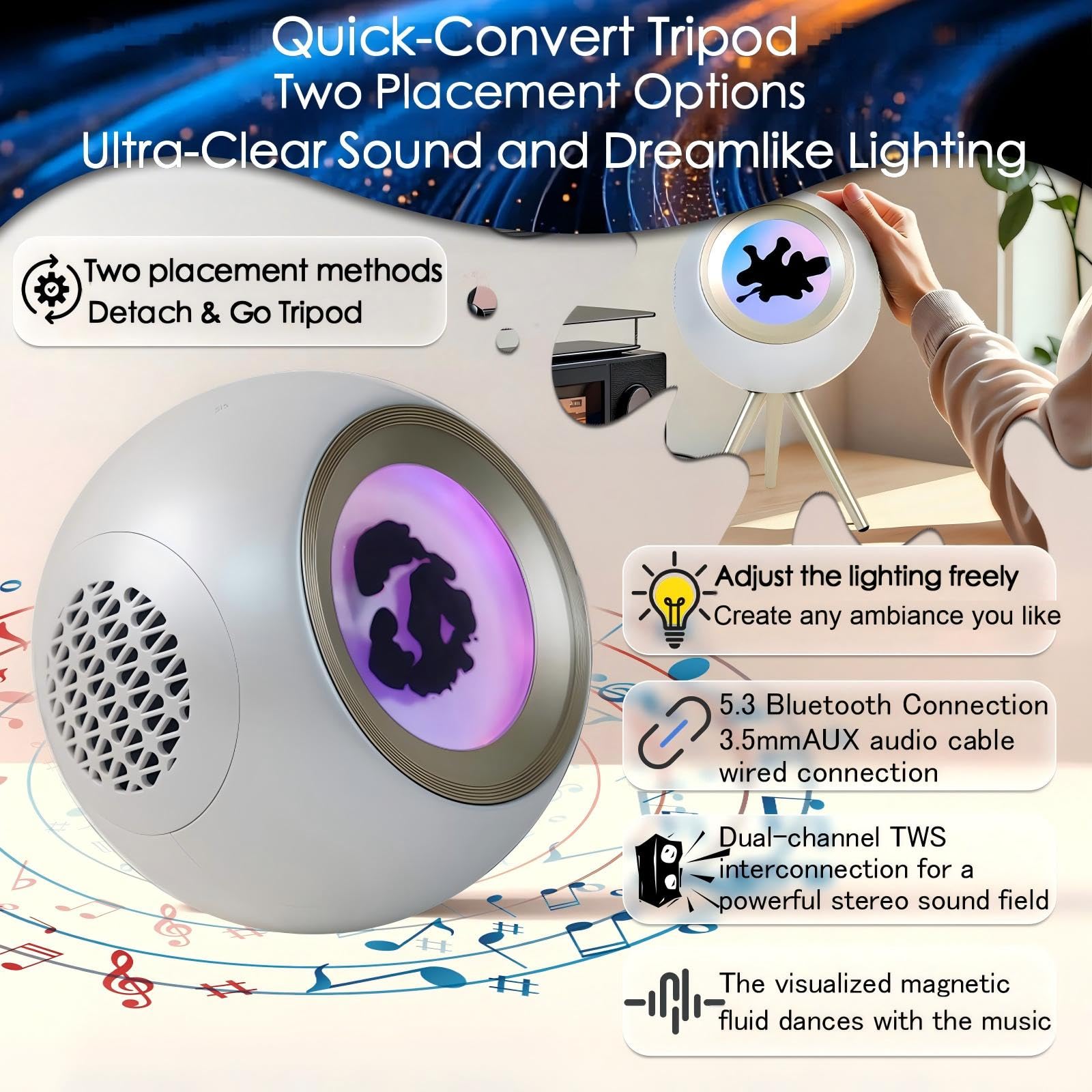 Ferrofluid Altoparlante Bluetooth,visualizzazione audio Ferrofluid Altoparlante Bluetooth con bassi migliorati e alti nitidi,doppio canale stereo,coppia TWS,vibrante luce colorata ambientale (Bianco)