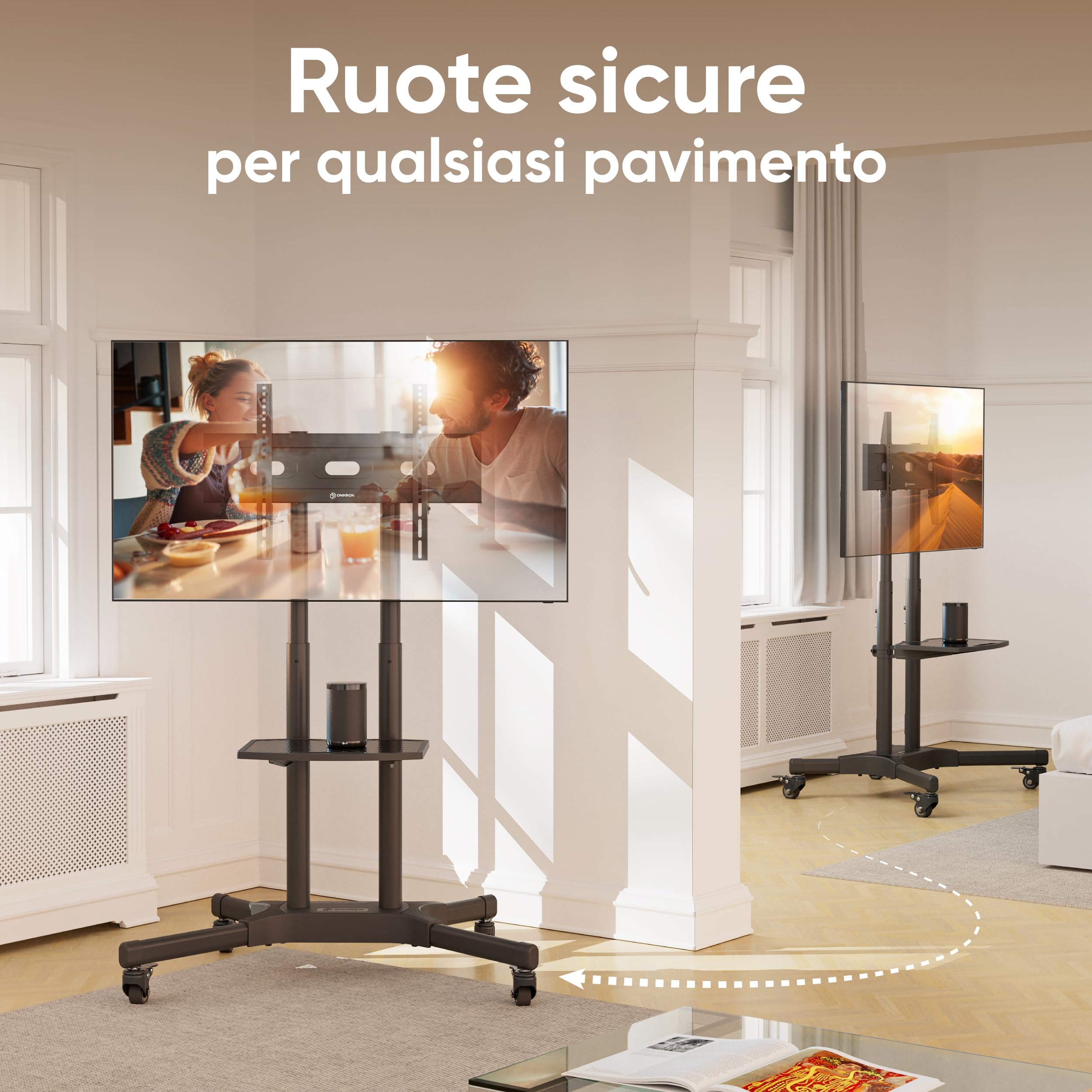 ONKRON Supporto TV da Pavimento 32" - 65", Carico max 50 kg, Porta televisore mobile VESA 100x100-600x400, Carrello TV con Ruote e Ripiano, Piedistallo da Terra, Altezza regolabile, Nero, TS1351-B