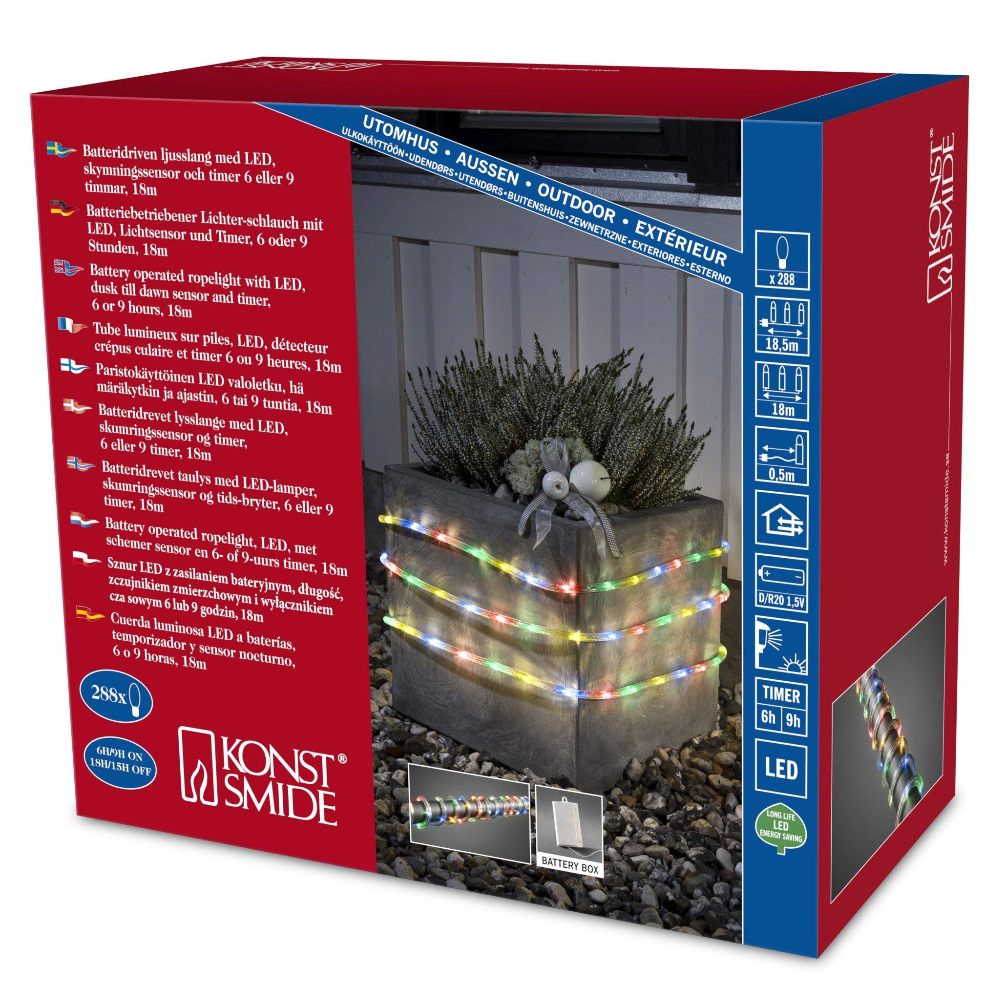Konstsmide LED Lichterschlauch, 18m, mit Lichtsensor und 6h und 9h Timer, 288 bunte Dioden, batteriebetrieben, Außen (IP44), 4 x D 1.5V (exkl.) - 3746-500