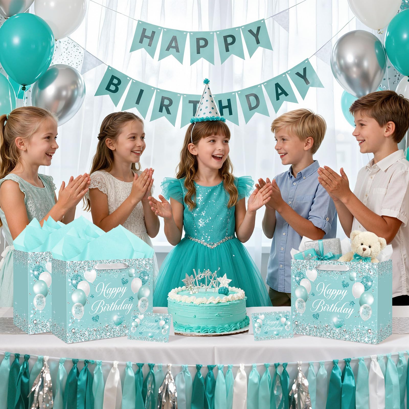 Teal Birthday Gift Bag for Girls Women Turquoise Birthday Gift Wrap Bag with Handle Teal Wrapping Paper Greeting Card for Kids Baby Shower Anniversary Turquoise Party Favors Decorations Supplies