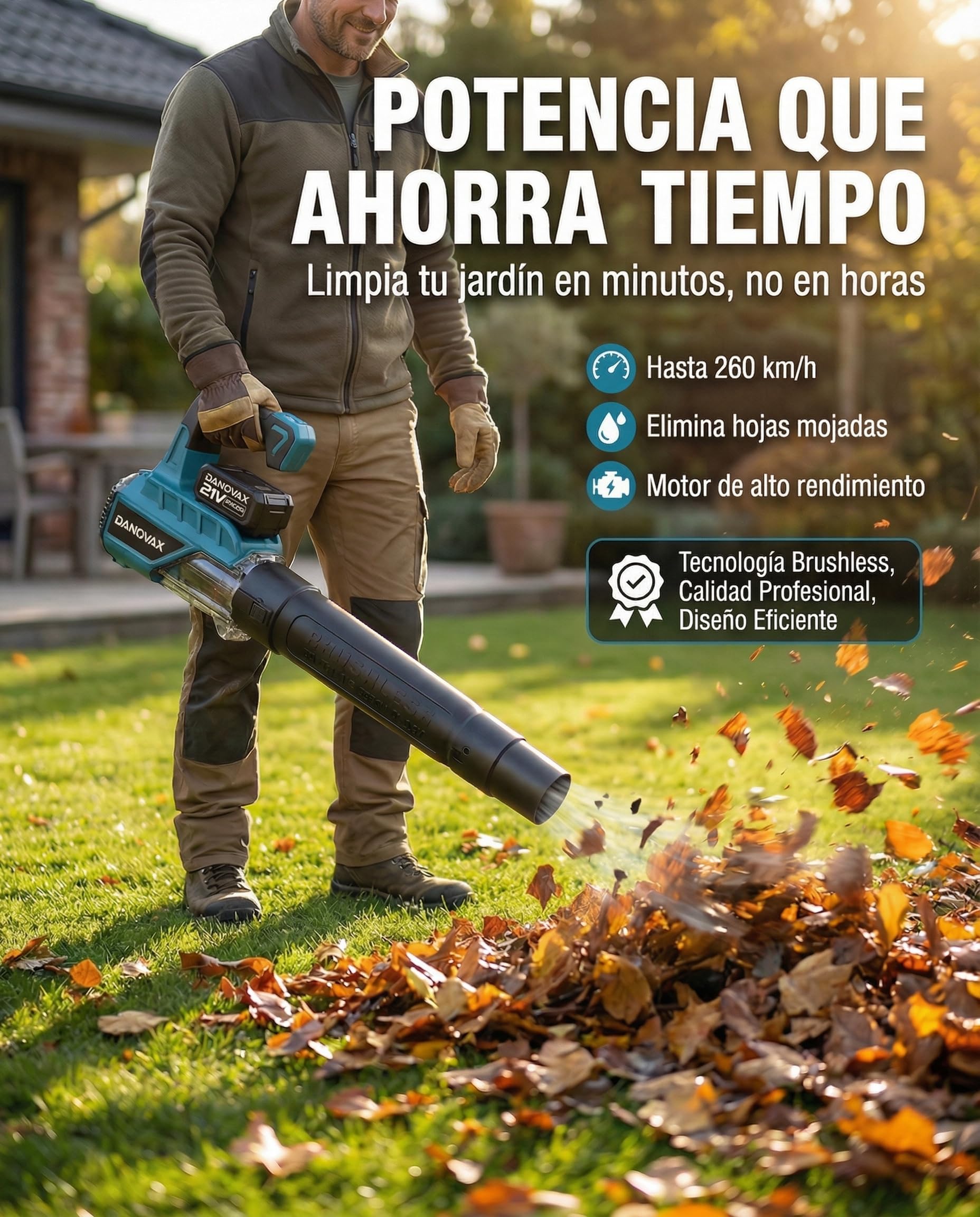 Soplador de Hojas - 2 Baterías 4Ah Incluidas - Motor Brushless - 3 Velocidades - Gran Potencia de Soplado hasta 260 km/h – Cargador con Base - Bolsa de Transporte y Guantes Incluidos