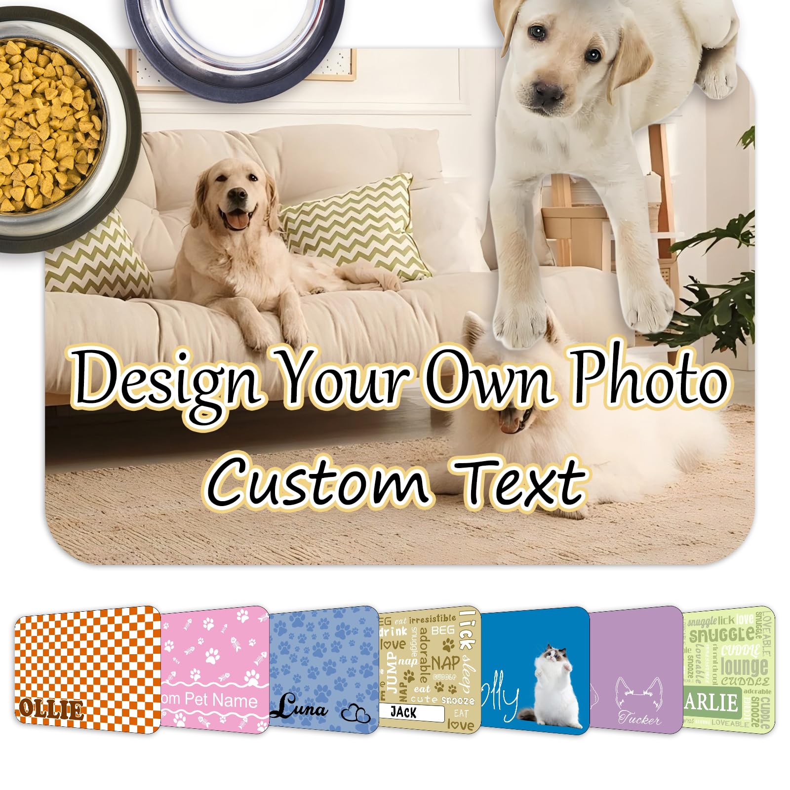 Roseshore Personalised Pet Food Mat with Photo Name Custom Dog Cat Feeding Wateproof Mats Customised Non Slip Water Bowl Placemats for Floor