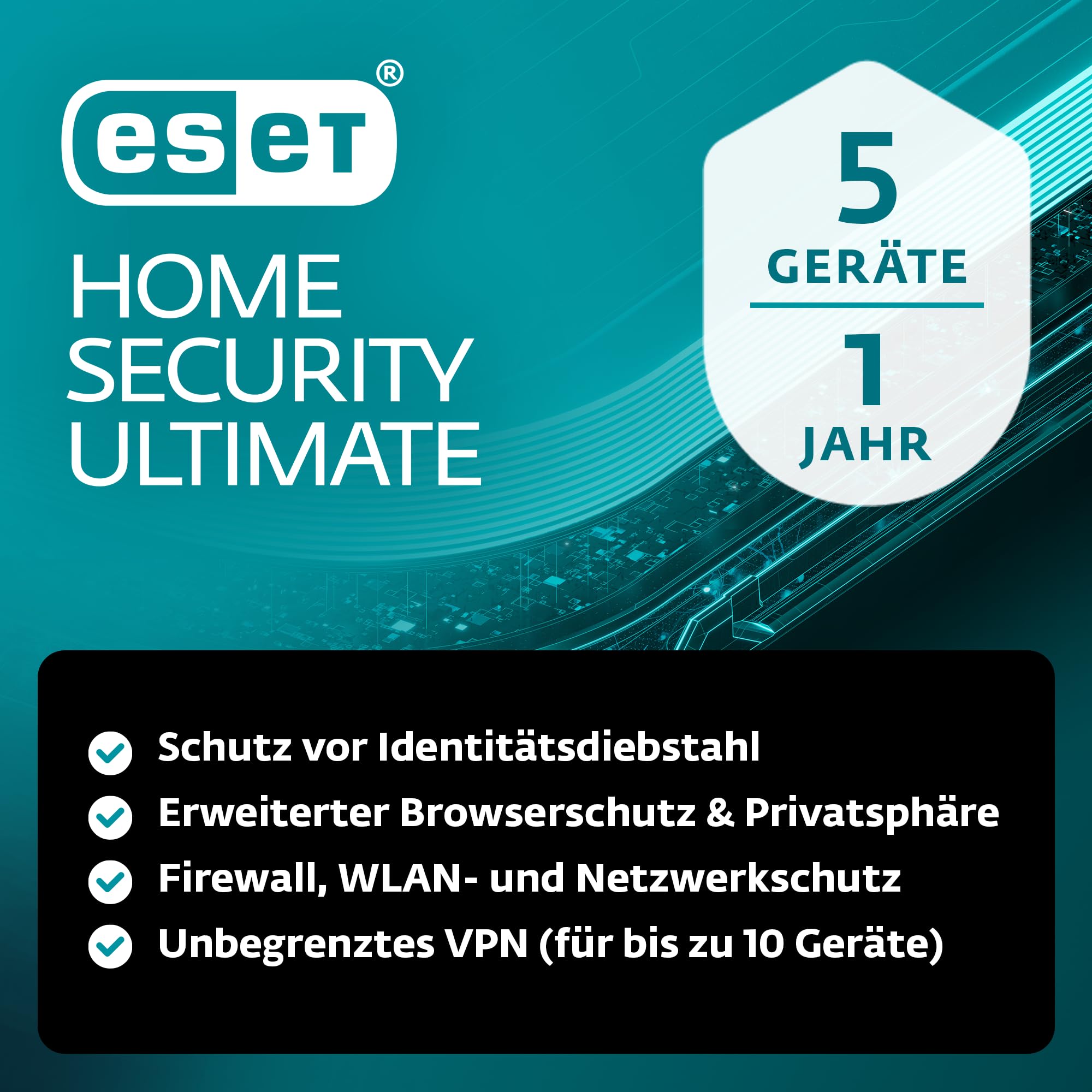 ESET HOME Security Ultimate 2026 | 5 Geräte | 1 Jahr | inklusive Firewall, Datenverschlüsselung, Ransomware-Behebung und VPN | Windows, macOS, Android und iOS Apps | Aktivierungscode per E-Mail
