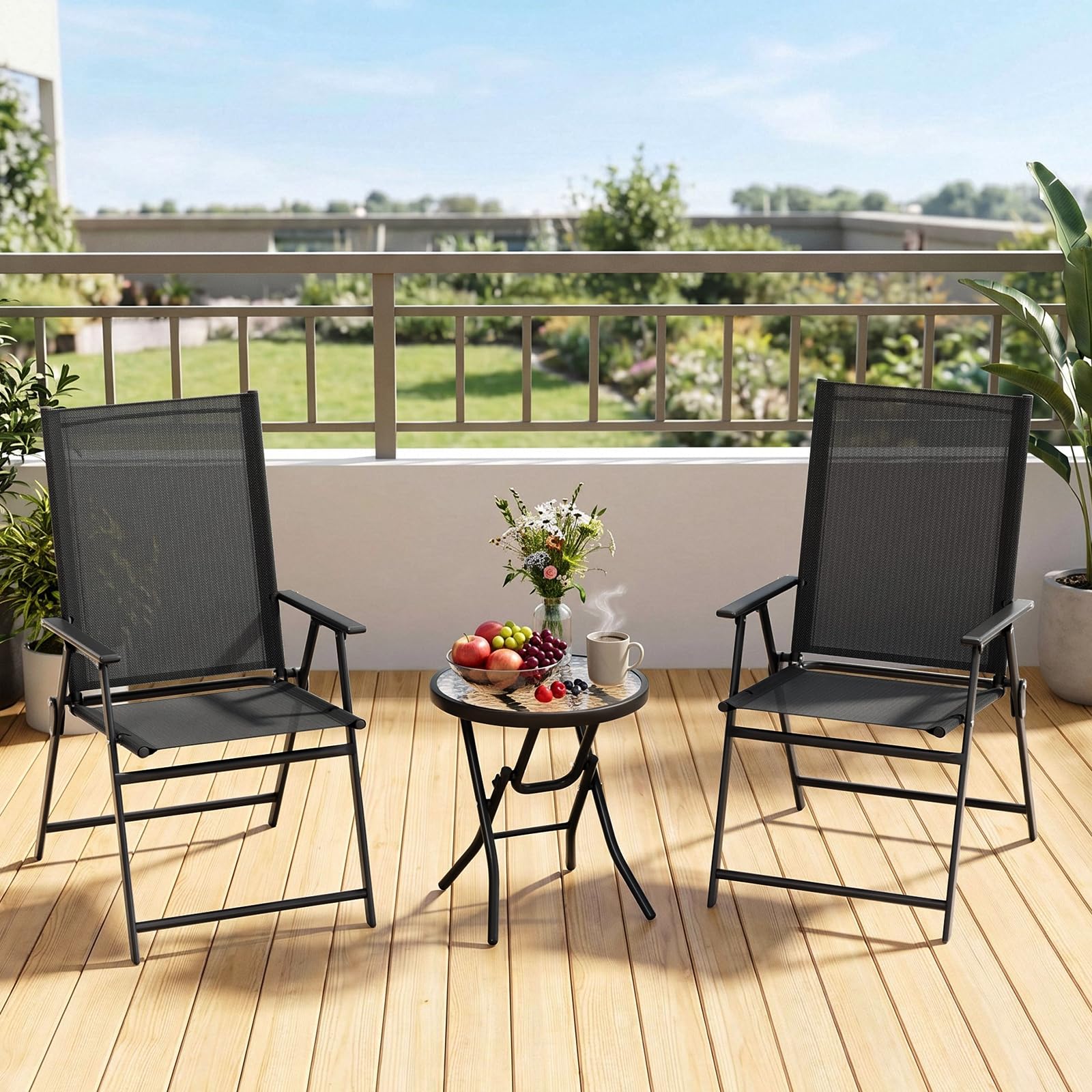 Clevich Gartenstuhl 2er Set, Balkonstuhl Hochlehner Klappbar, Campingstuhl | Leicht Klappstuhl mit Metallgestell für Garten, Terrasse und Camping, Komplett Montiert, Schwarz