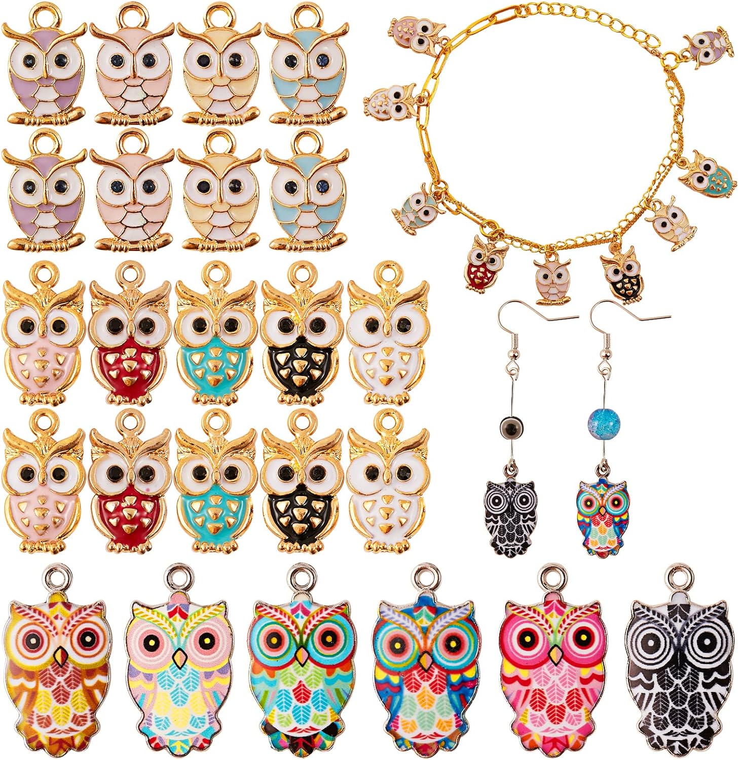 30 Pcs Owl Enamel Charms Pendants Colorful Owl Charms Pendant for Jewelry Necklace Earring Keychain Making Crafts