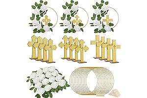 Baptism Centerpiece Decorations Rustic Wooden Cross with Stand, Metal Cross, Foam Rose Flowers