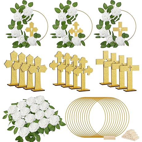 Baptism Centerpiece Decorations Rustic Wooden Cross with Stand, Metal Cross, Foam Rose Flowers