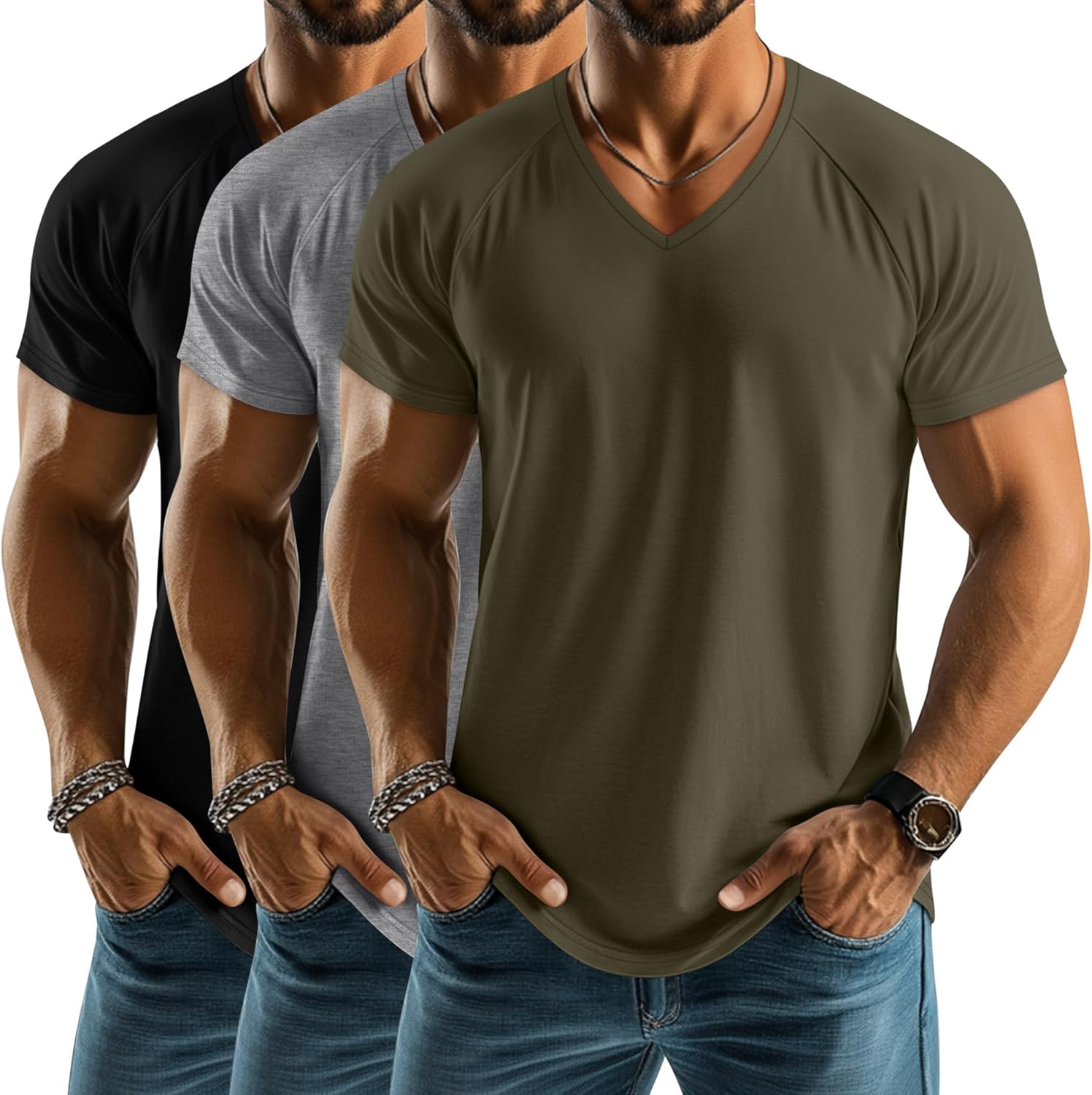 Riyiper 3 Pack Men's Big and Tall T-Shirts V Neck Short Sleeve Plus Size Tops Raglan Casual Stretch Summer Basic Tee Shirts