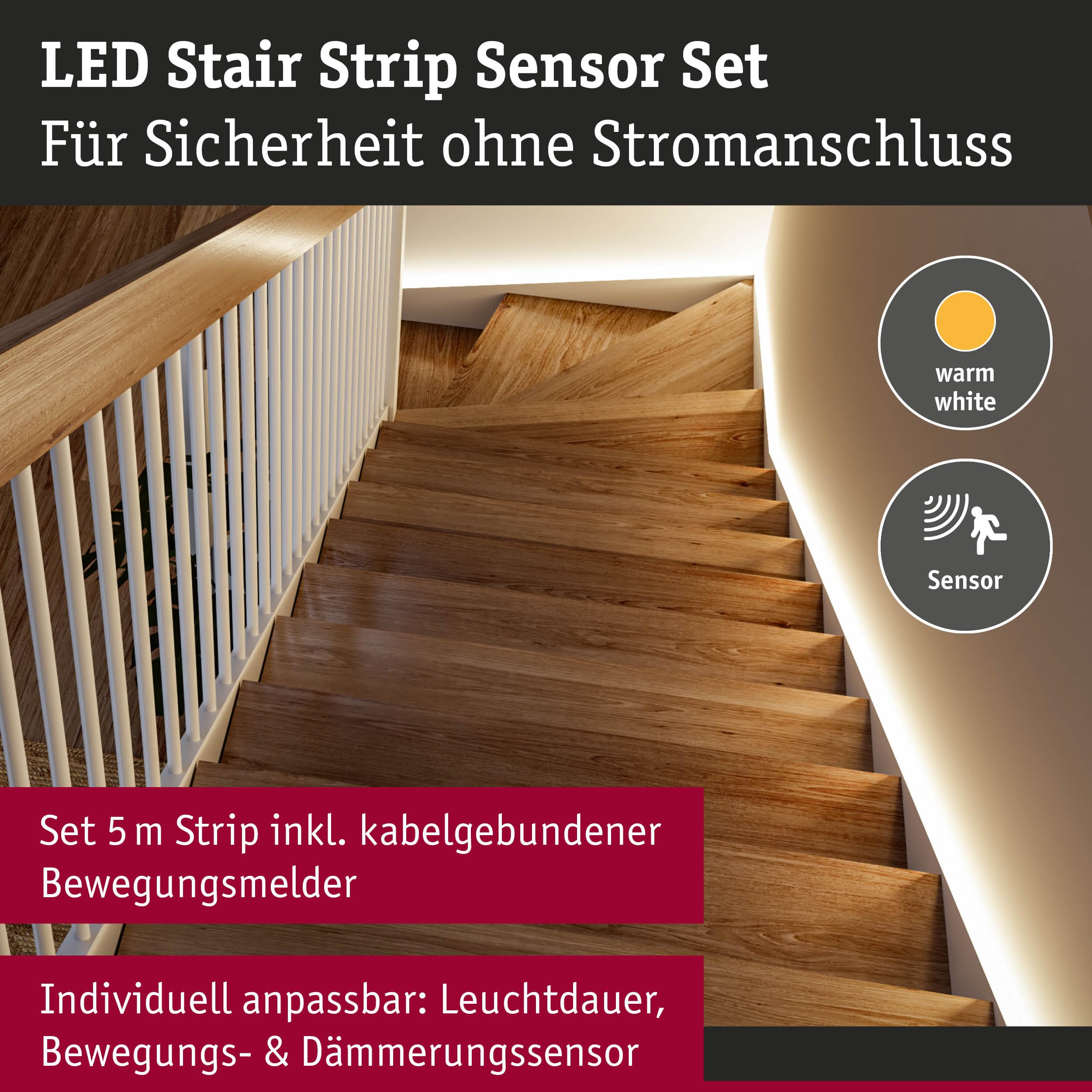 Paulmann LED Stair Strip Sensor Set 5m Dämmerungsgesteuerter Bewegungsmelder (IR) 5m 5W 180lm/m 30 LEDs/m 3000K 71120