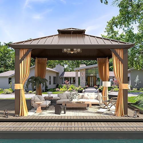 Miniatura 8 de MELLCOM Cenador de techo rígido de 12 x 12 pies, cenador de aluminio de doble techo de metal con cortina y red, pabellón de acero galvanizado